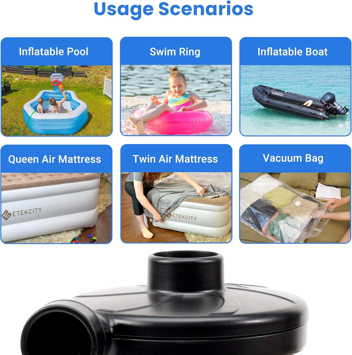 imageEtekcity Air Pump for Inflatables Portable Electric Air Mattress Pump QuickFill Perfect InflatorDeflator for Couch Blow up Pool Floats Raft Bed Boat Toy with Nozzles 110120V BlackBlack