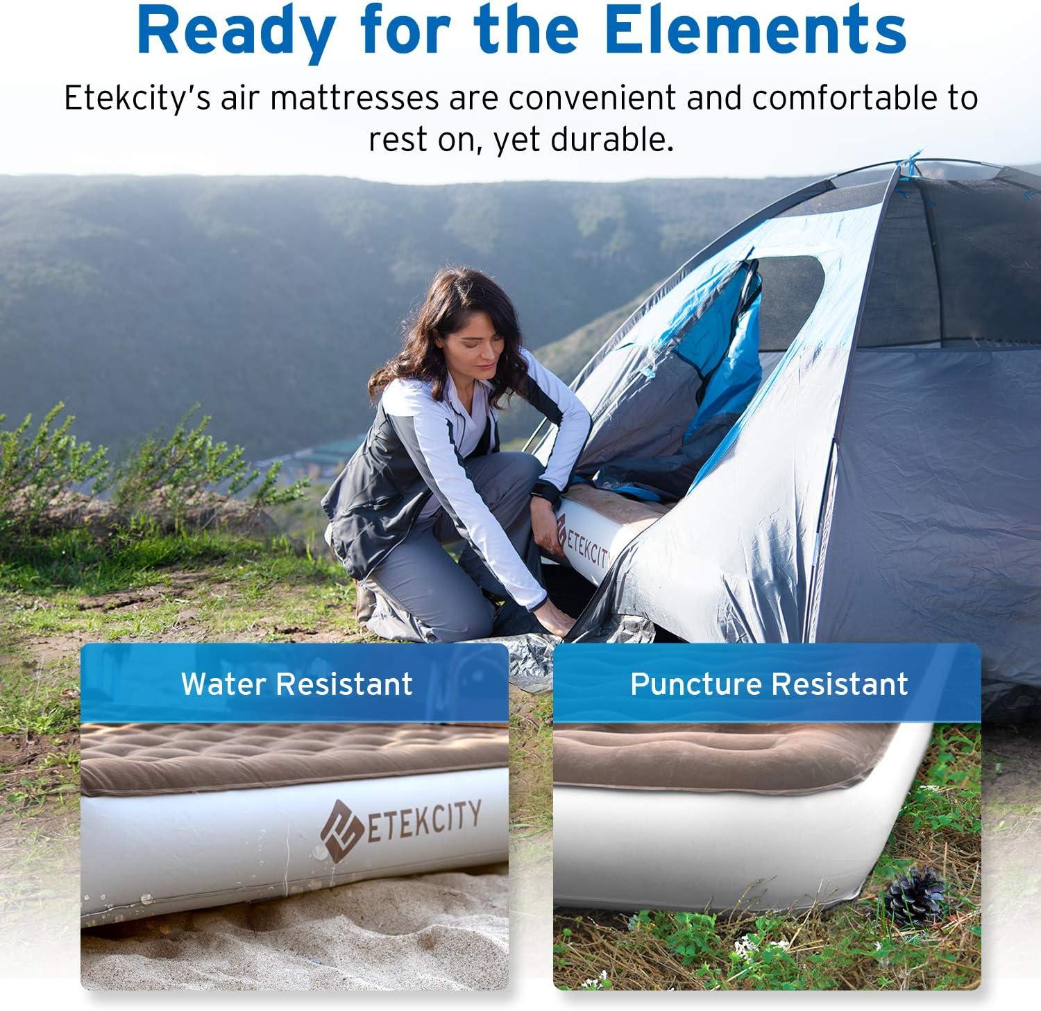 imageEtekcity Camping Air Mattress Inflatable Mattress Air Bed Queen Twin with Rechargeable Pump LeakProof Blow Up Mattress Raised Airbed  Height 9quot Storage Bag  BrownQueen