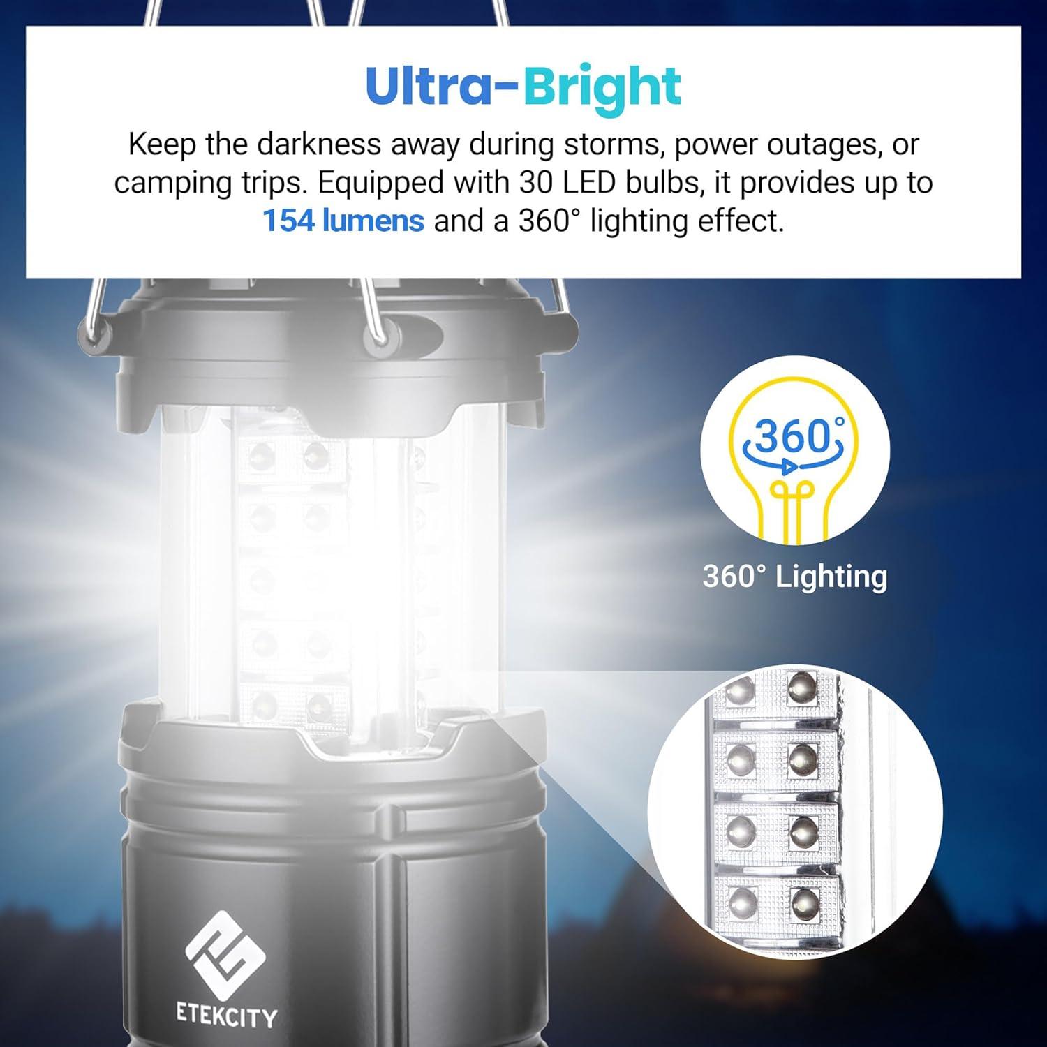 imageEtekcity Camping Lanterns for Power Outages 4 Pack Flashlight for Camping Essentials Survival Kit and Gear Hurricane Preparedness Items Emergency Led Battery Operated Lights Black