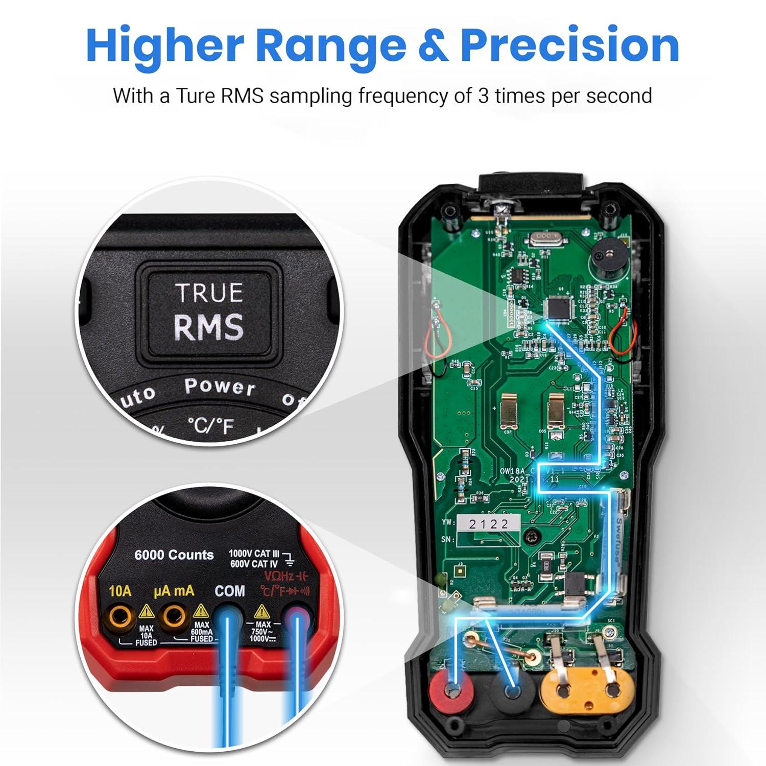 imageEtekcity Digital Multimeter Voltmeter Tester TRMS 6000 Counts AC DC Current Voltage Meter Amp Ohm Diode Capacitance Frequency Temperature NCV Resistance Red MSRA2000Upgrade