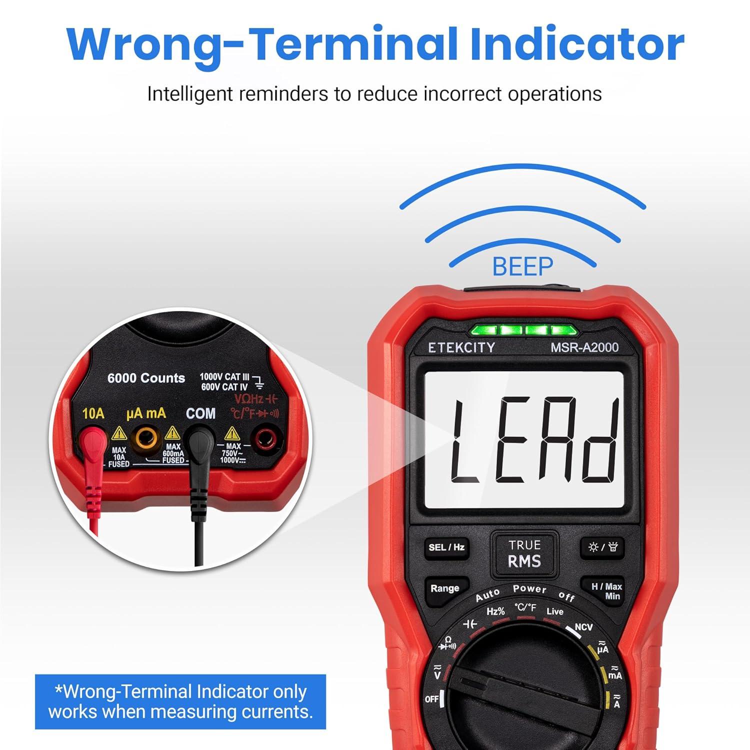 imageEtekcity Digital Multimeter Voltmeter Tester TRMS 6000 Counts AC DC Current Voltage Meter Amp Ohm Diode Capacitance Frequency Temperature NCV Resistance Red MSRA2000Upgrade