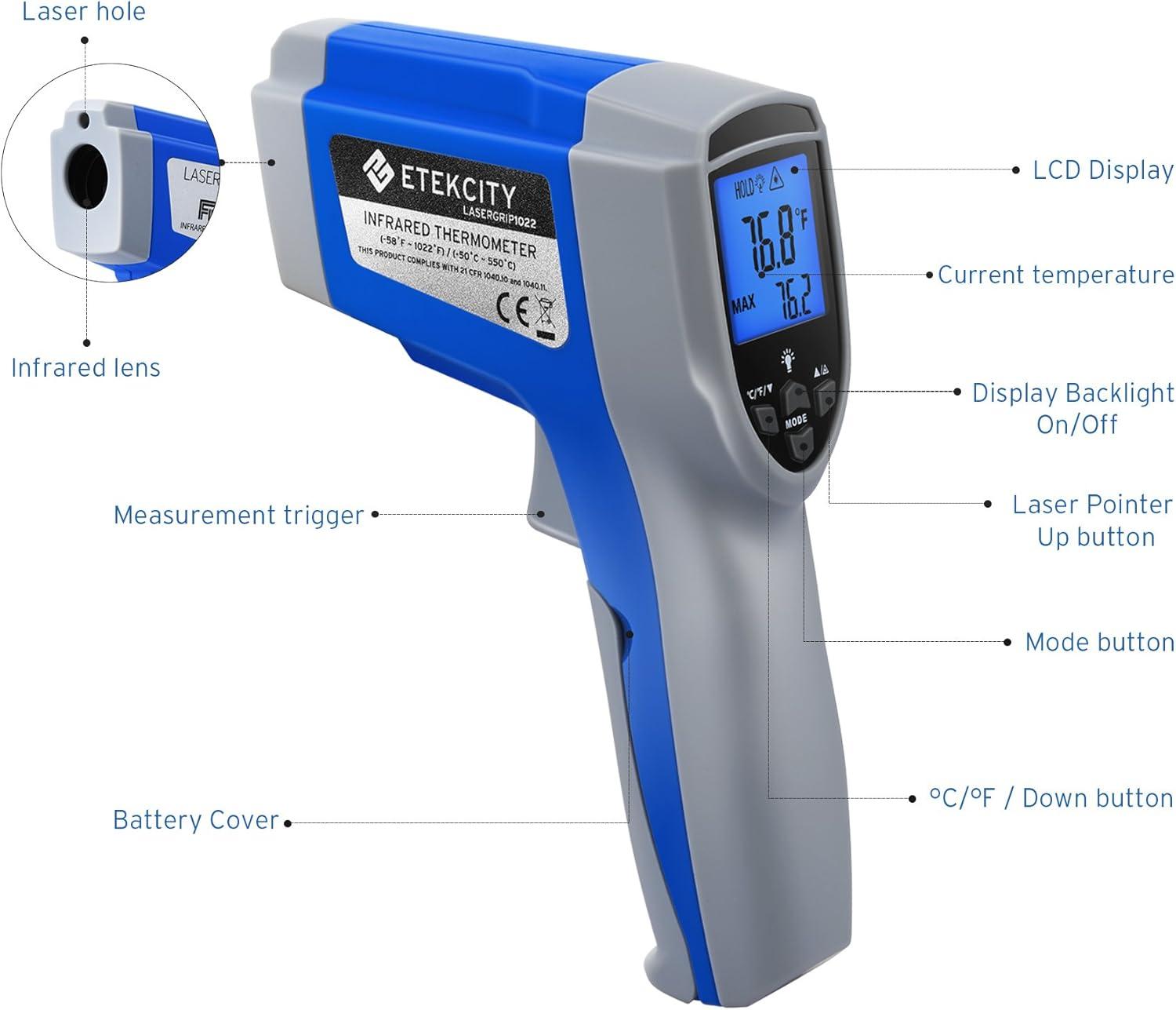 imageEtekcity Digital Thermometers Noncontact58F 1022F 50C  550C ith Adjustable Emissivity ampamp Max Measure for Meat Refrigerator Pool Oven Blue