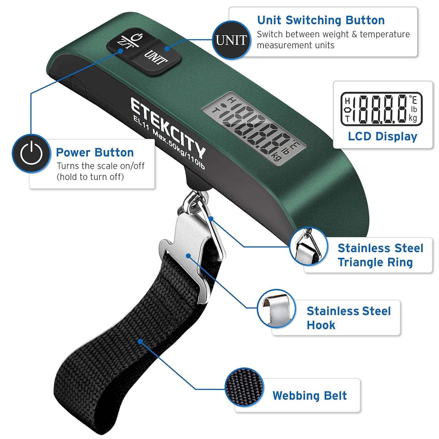 imageEtekcity Fishing Scale with Backlit LCD Display 110lb50kg Digital Electronic Hanging Hook Scale with Batteries and Carry Pouch Included Black NonSlip HandleGreen