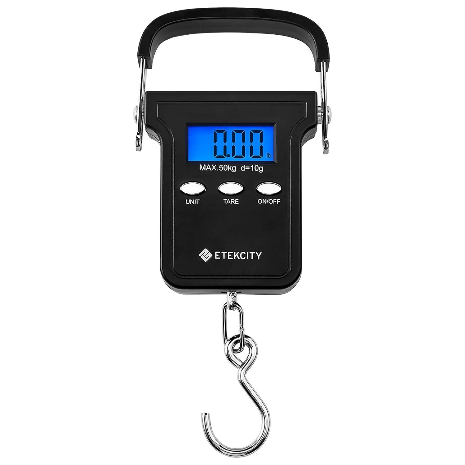 imageEtekcity Fishing Scale with Backlit LCD Display 110lb50kg Digital Electronic Hanging Hook Scale with Batteries and Carry Pouch Included Black NonSlip HandleDark Black