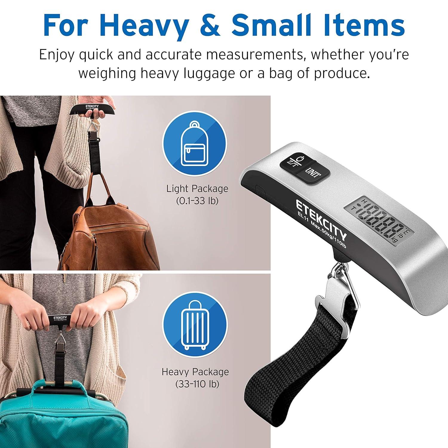 imageEtekcity Fishing Scale with Backlit LCD Display 110lb50kg Digital Electronic Hanging Hook Scale with Batteries and Carry Pouch Included Black NonSlip HandleAsh Silver
