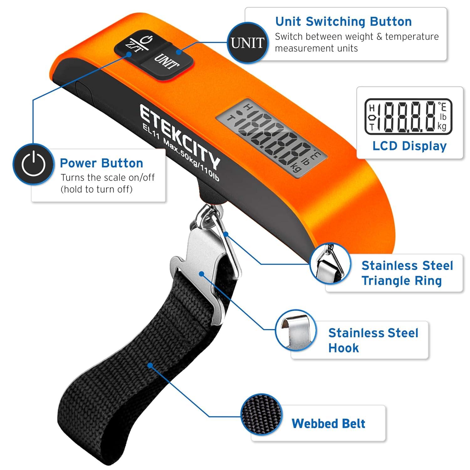 imageEtekcity Fishing Scale with Backlit LCD Display 110lb50kg Digital Electronic Hanging Hook Scale with Batteries and Carry Pouch Included Black NonSlip HandleOrange