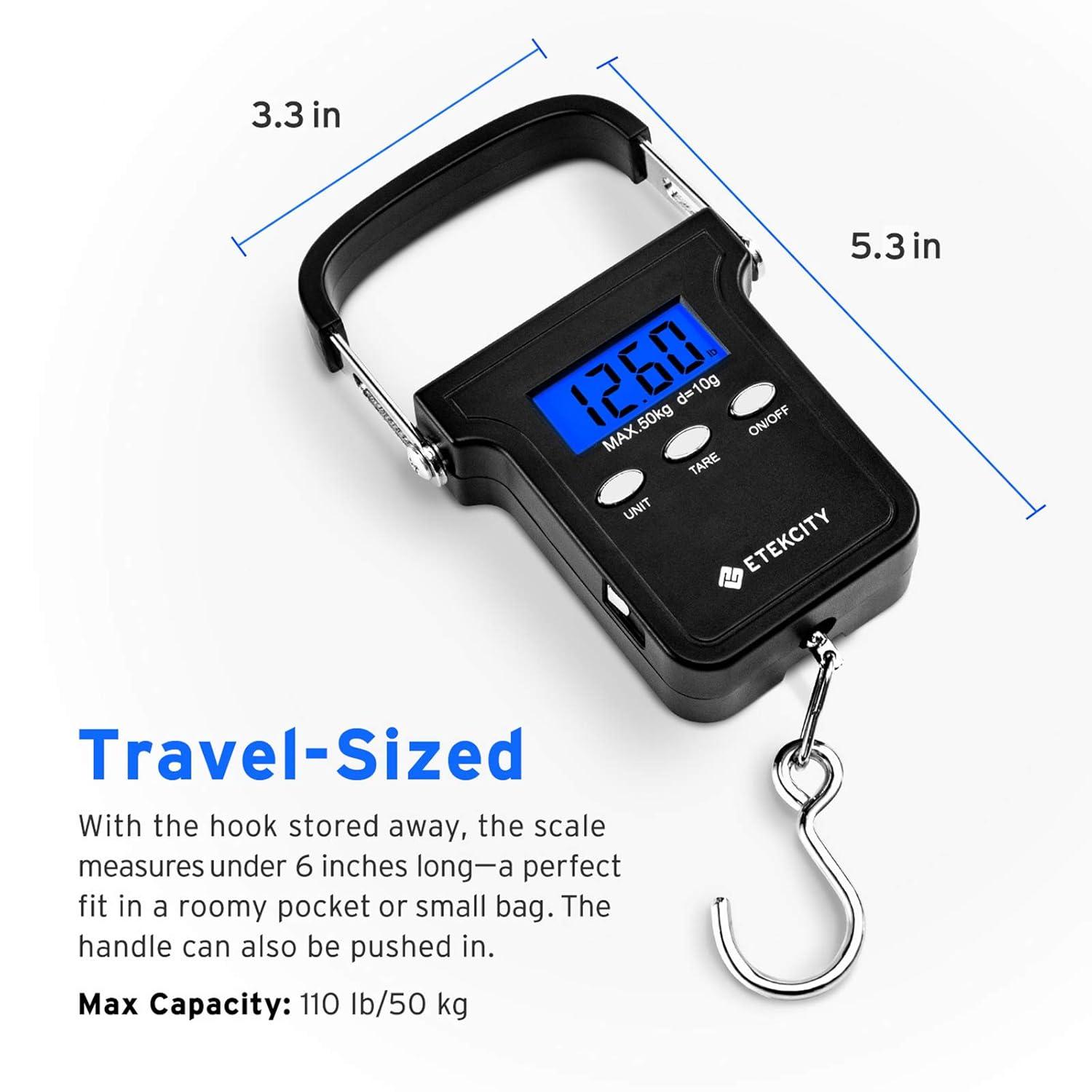 imageEtekcity Fishing Scale with Backlit LCD Display 110lb50kg Digital Electronic Hanging Hook Scale with Batteries and Carry Pouch Included Black NonSlip HandleDark Black