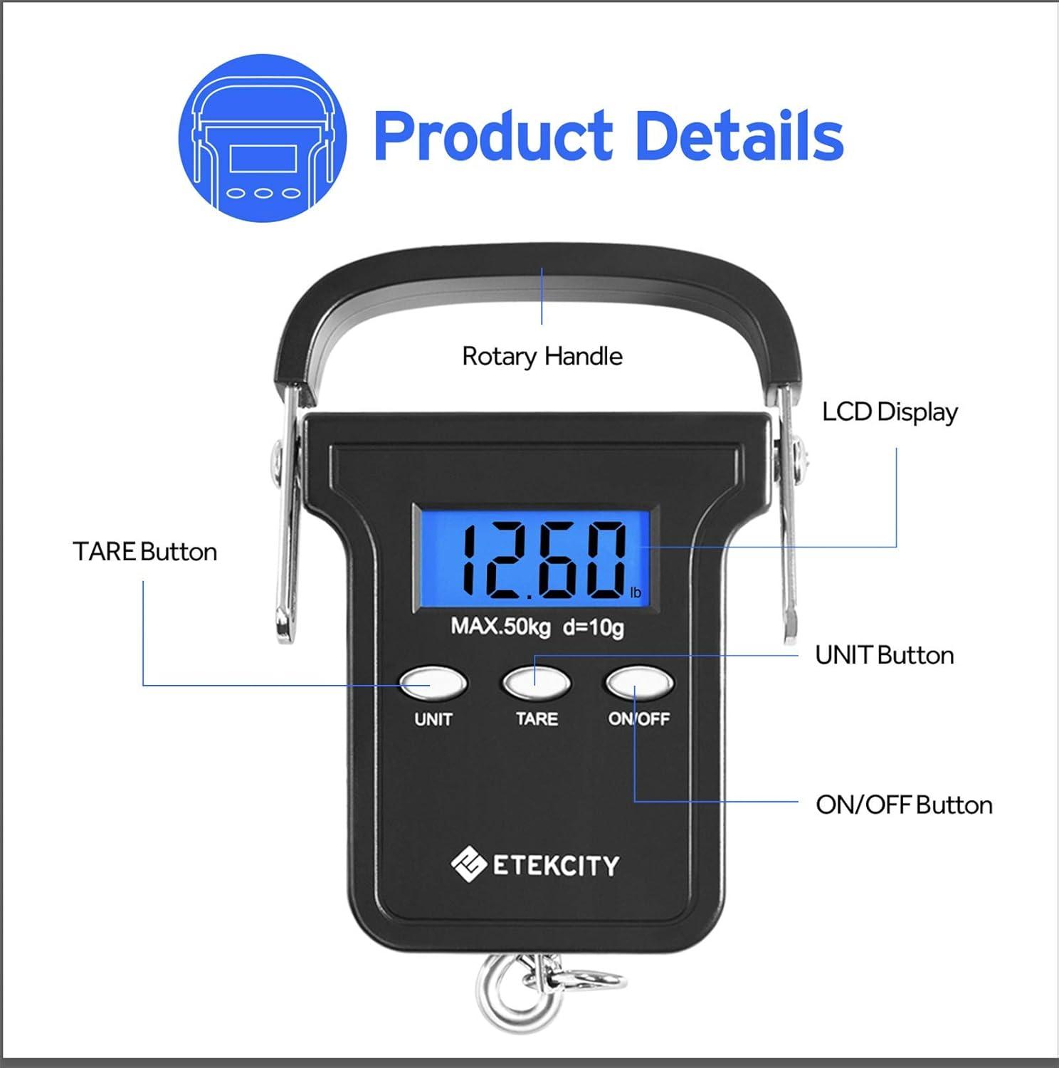 imageEtekcity Fishing Scale with Backlit LCD Display 110lb50kg Digital Electronic Hanging Hook Scale with Batteries and Carry Pouch Included Black NonSlip HandleDark Black
