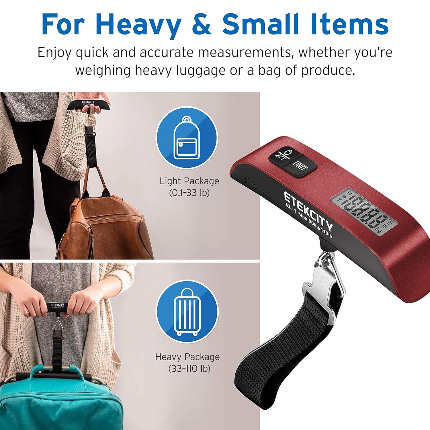imageEtekcity Fishing Scale with Backlit LCD Display 110lb50kg Digital Electronic Hanging Hook Scale with Batteries and Carry Pouch Included Black NonSlip HandleClaret Red
