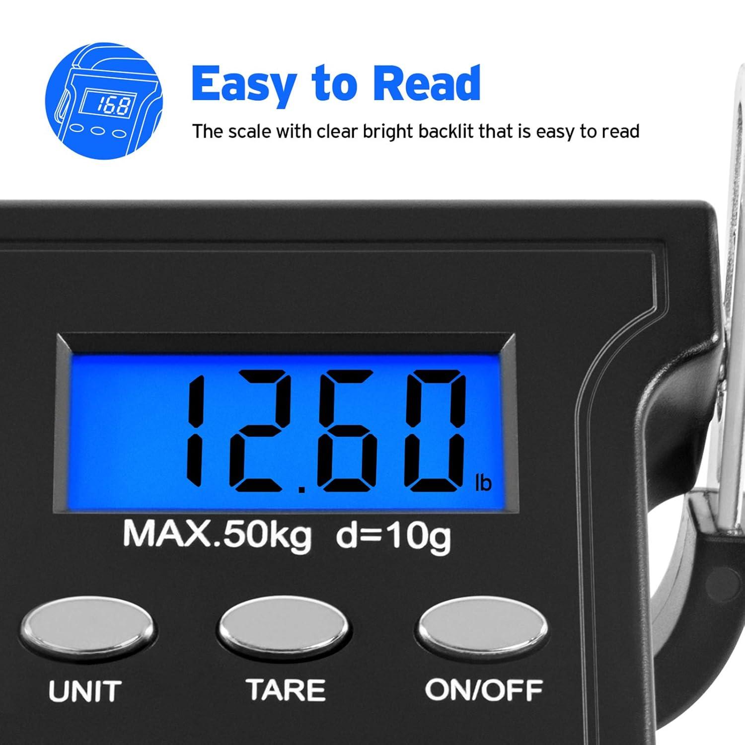imageEtekcity Fishing Scale with Backlit LCD Display 110lb50kg Digital Electronic Hanging Hook Scale with Batteries and Carry Pouch Included Black NonSlip HandleDark Black