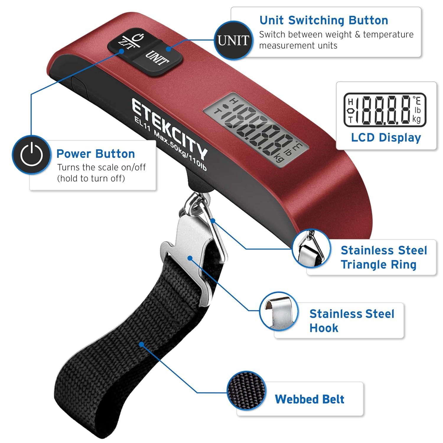 imageEtekcity Fishing Scale with Backlit LCD Display 110lb50kg Digital Electronic Hanging Hook Scale with Batteries and Carry Pouch Included Black NonSlip HandleClaret Red