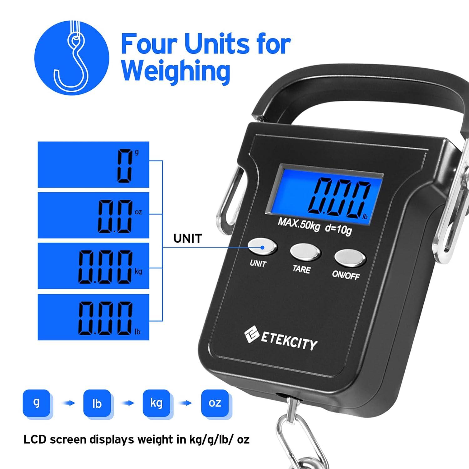 imageEtekcity Fishing Scale with Backlit LCD Display 110lb50kg Digital Electronic Hanging Hook Scale with Batteries and Carry Pouch Included Black NonSlip HandleDark Black