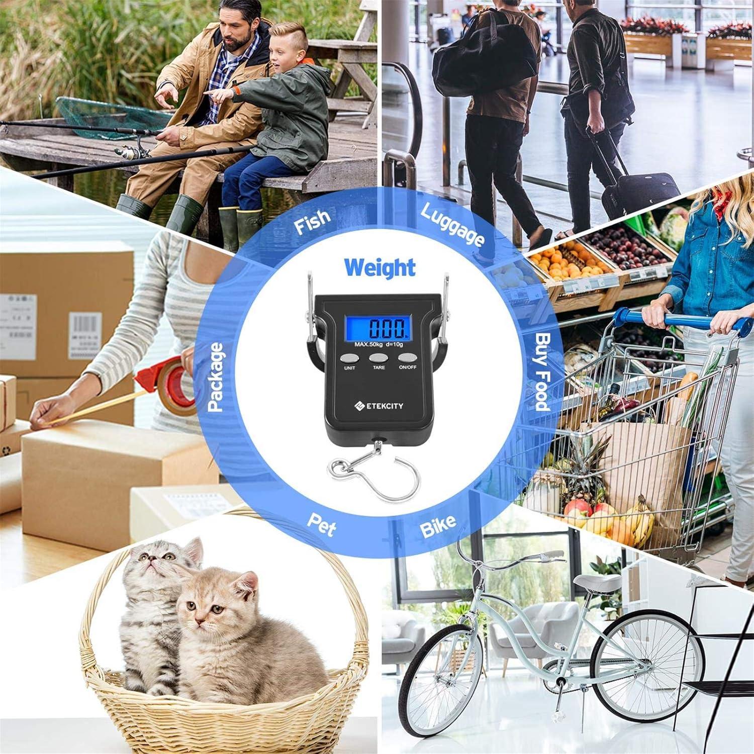 imageEtekcity Fishing Scale with Backlit LCD Display 110lb50kg Digital Electronic Hanging Hook Scale with Batteries and Carry Pouch Included Black NonSlip HandleDark Black