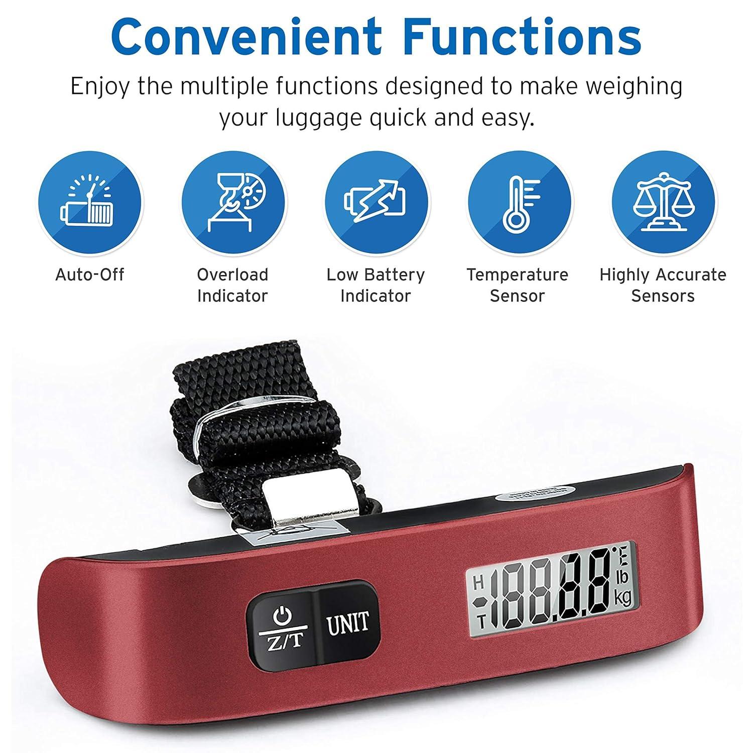 imageEtekcity Fishing Scale with Backlit LCD Display 110lb50kg Digital Electronic Hanging Hook Scale with Batteries and Carry Pouch Included Black NonSlip HandleClaret Red