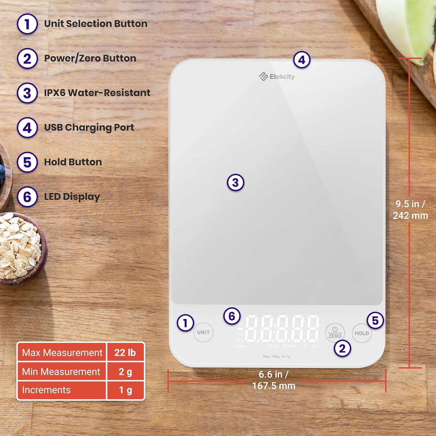 imageEtekcity Food Kitchen Scale Digital Grams and Ounces for Weight Loss Baking Cooking Keto and Meal Prep LCD Display Medium 304 Stainless SteelLarge22lb