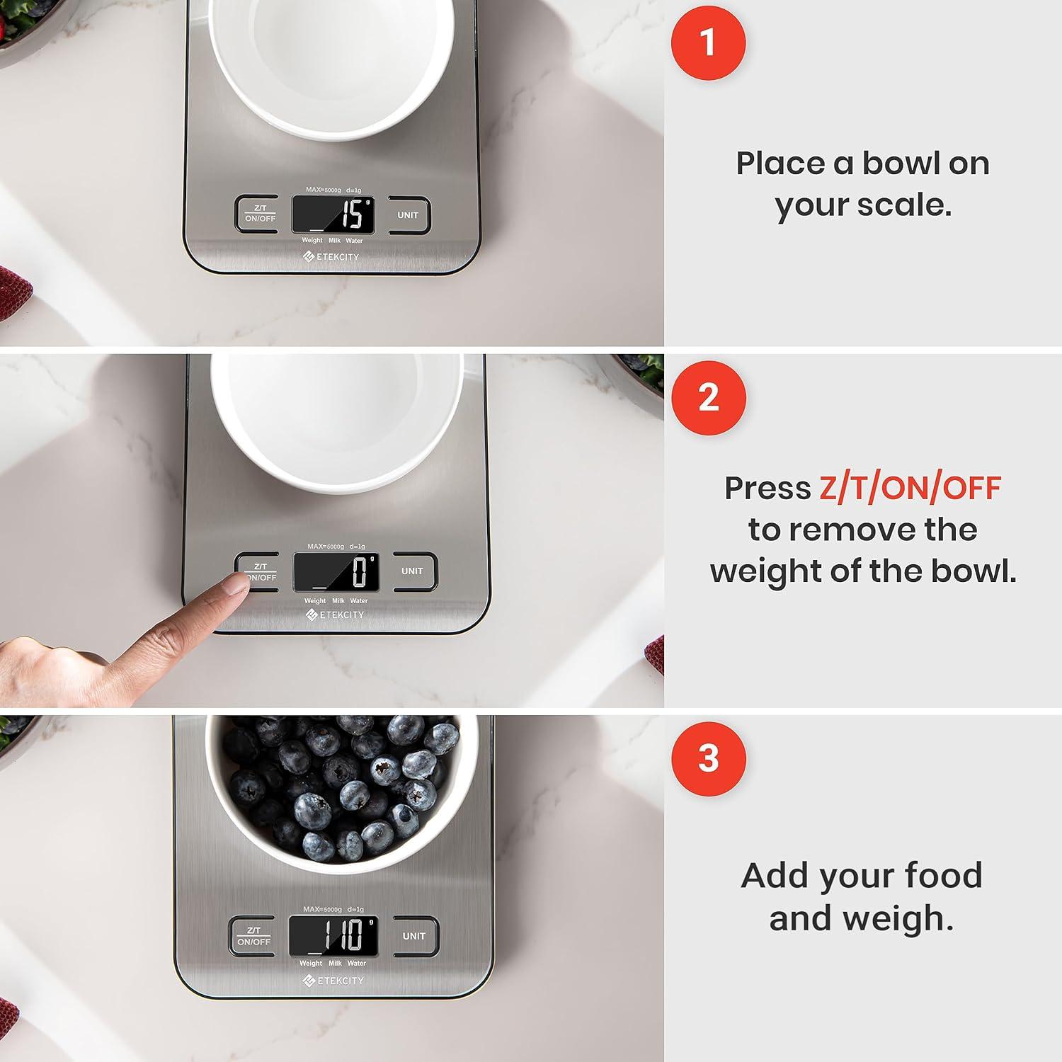 imageEtekcity Food Kitchen Scale Digital Grams and Ounces for Weight Loss Baking Cooking Keto and Meal Prep LCD Display Medium 304 Stainless SteelStainless Steel