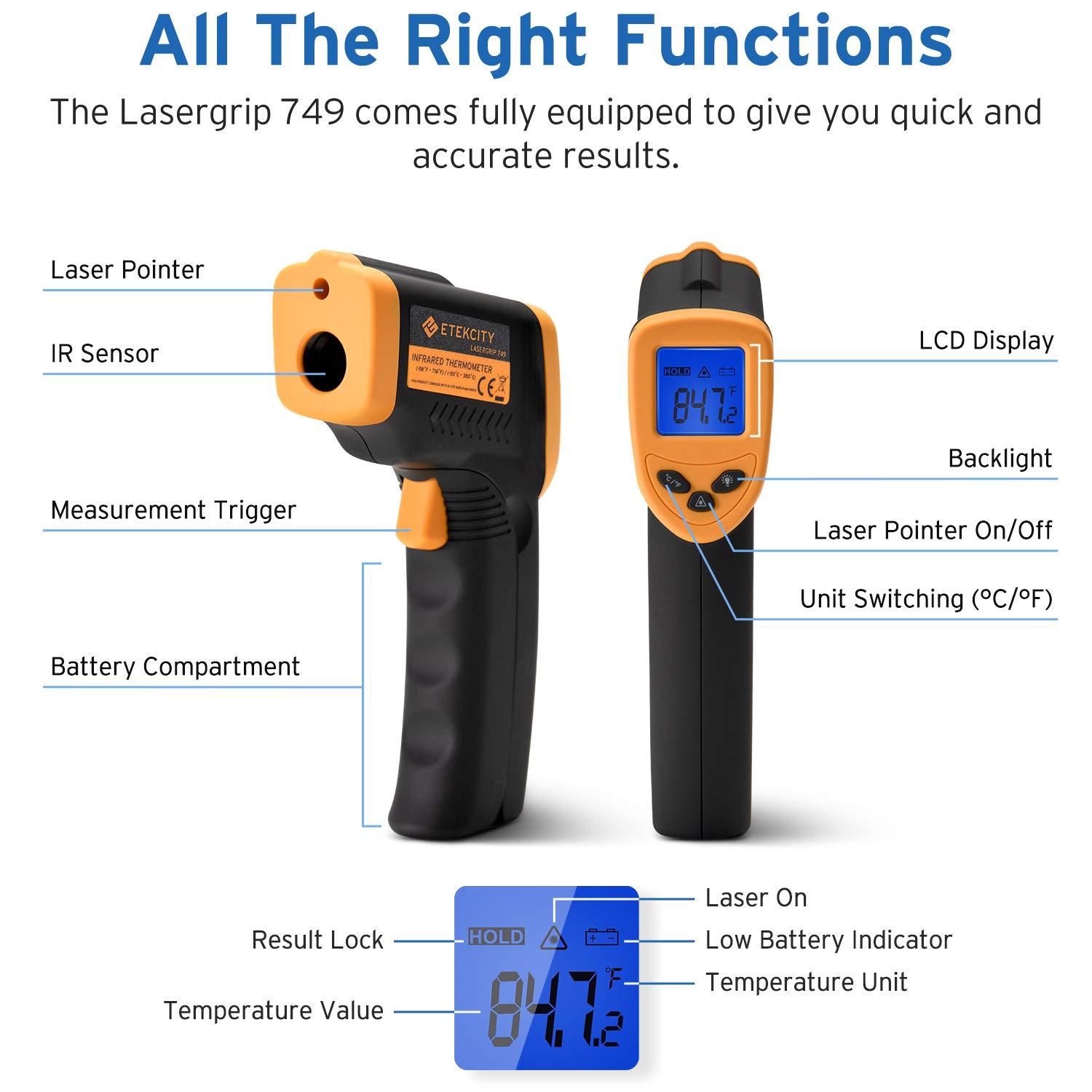 imageEtekcity Infrared Thermometer 749 Not for Human Temperature Gun NonContact Digital Lasergrip with LCD Backlit Display 58 to 716 50 to 380 BlackYellowYellow