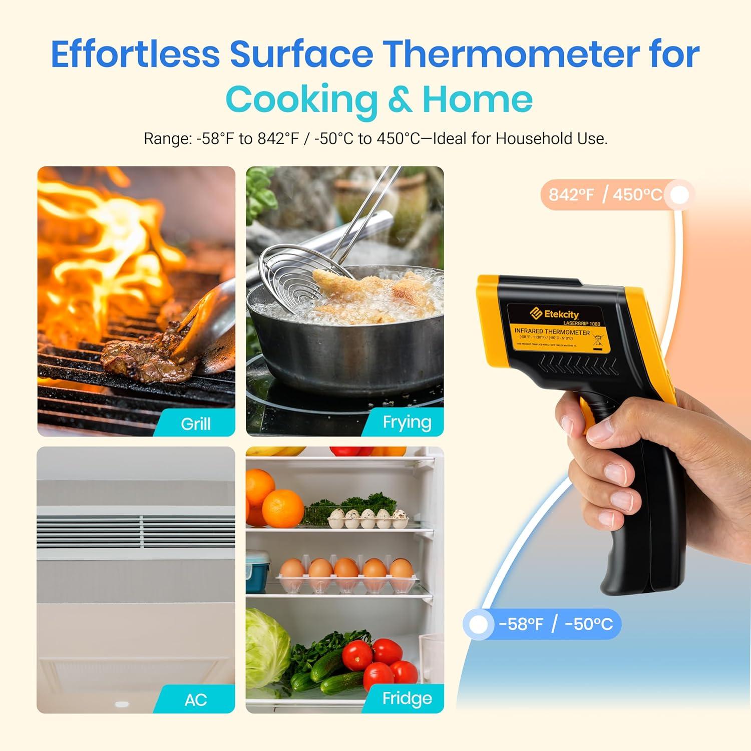imageEtekcity Infrared Thermometer Temperature Gun 800 58 to 1382 with 161 DTS Ratio Digital Laser Temp IR Tool for Cooking Pizza Oven Griddle Fridge Engine Pool Non Contact YellowDark Yellow