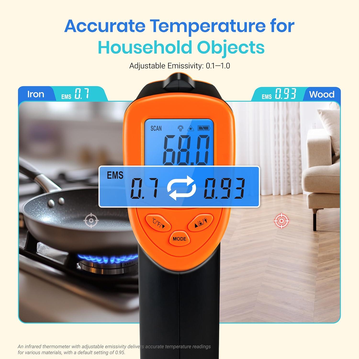 imageEtekcity Infrared Thermometer Temperature Gun 800 58 to 1382 with 161 DTS Ratio Digital Laser Temp IR Tool for Cooking Pizza Oven Griddle Fridge Engine Pool Non Contact YellowOrange