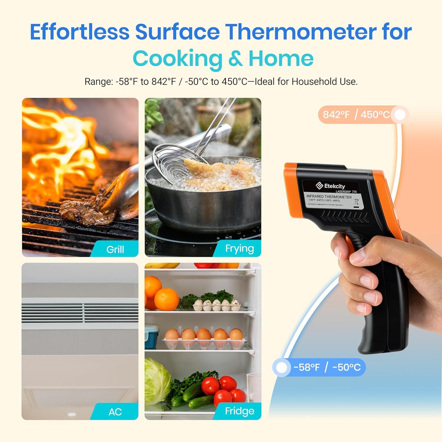 imageEtekcity Infrared Thermometer Temperature Gun 800 58 to 1382 with 161 DTS Ratio Digital Laser Temp IR Tool for Cooking Pizza Oven Griddle Fridge Engine Pool Non Contact YellowOrange