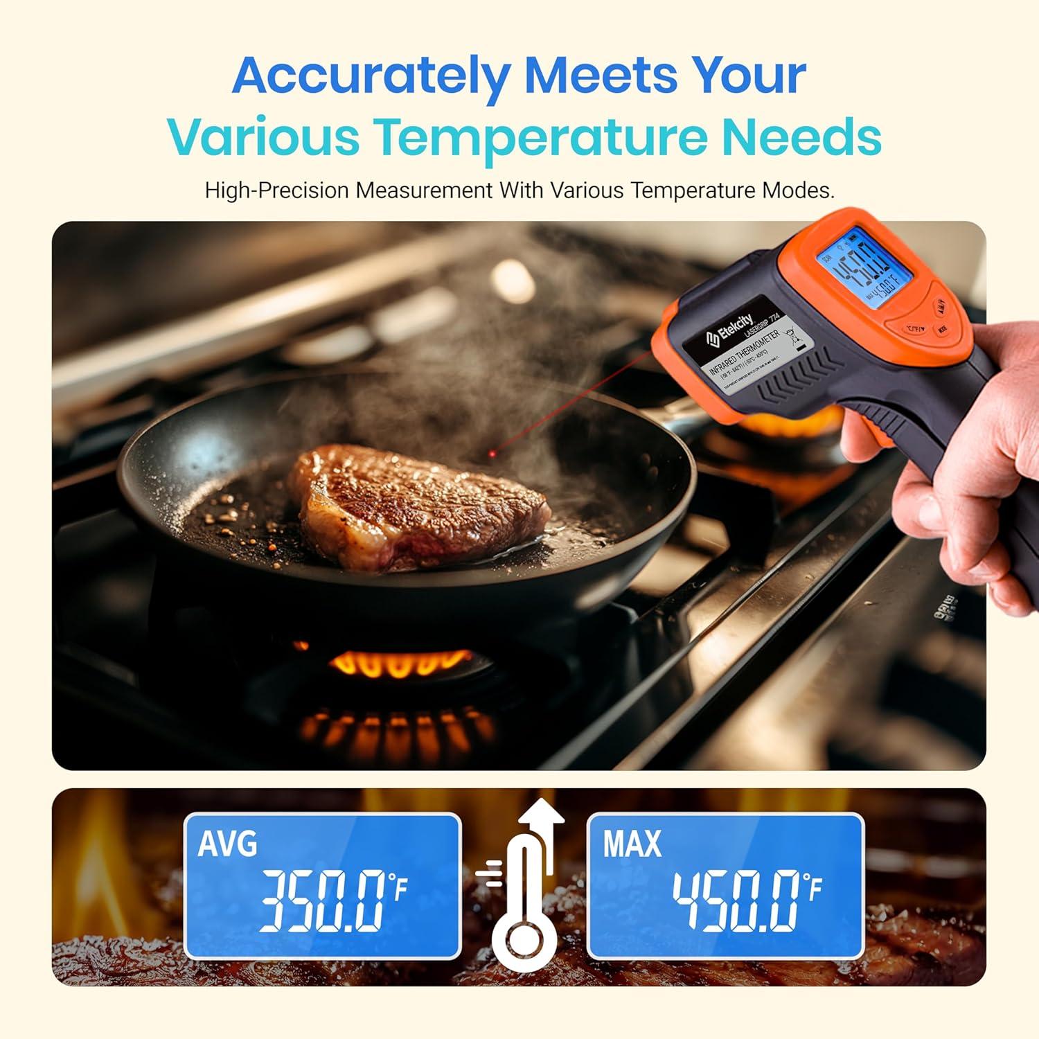 imageEtekcity Infrared Thermometer Temperature Gun 800 58 to 1382 with 161 DTS Ratio Digital Laser Temp IR Tool for Cooking Pizza Oven Griddle Fridge Engine Pool Non Contact YellowOrange