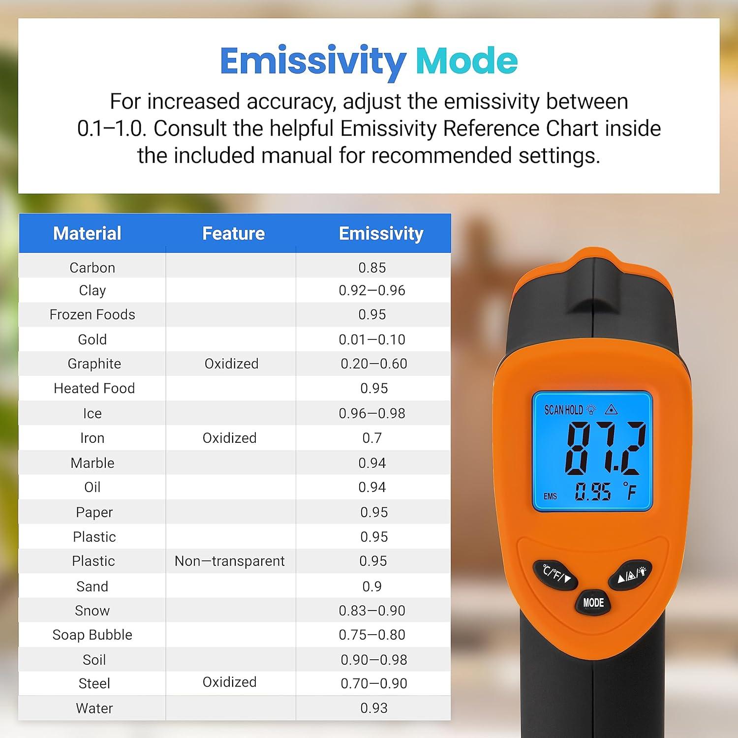 imageEtekcity Infrared Thermometer Temperature Gun 800 58 to 1382 with 161 DTS Ratio Digital Laser Temp IR Tool for Cooking Pizza Oven Griddle Fridge Engine Pool Non Contact YellowOrange