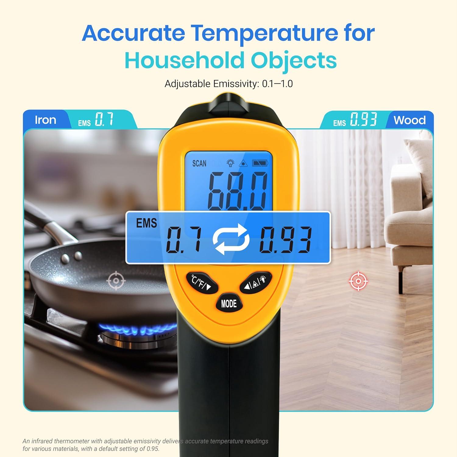imageEtekcity Infrared Thermometer Temperature Gun 800 58 to 1382 with 161 DTS Ratio Digital Laser Temp IR Tool for Cooking Pizza Oven Griddle Fridge Engine Pool Non Contact YellowYellow