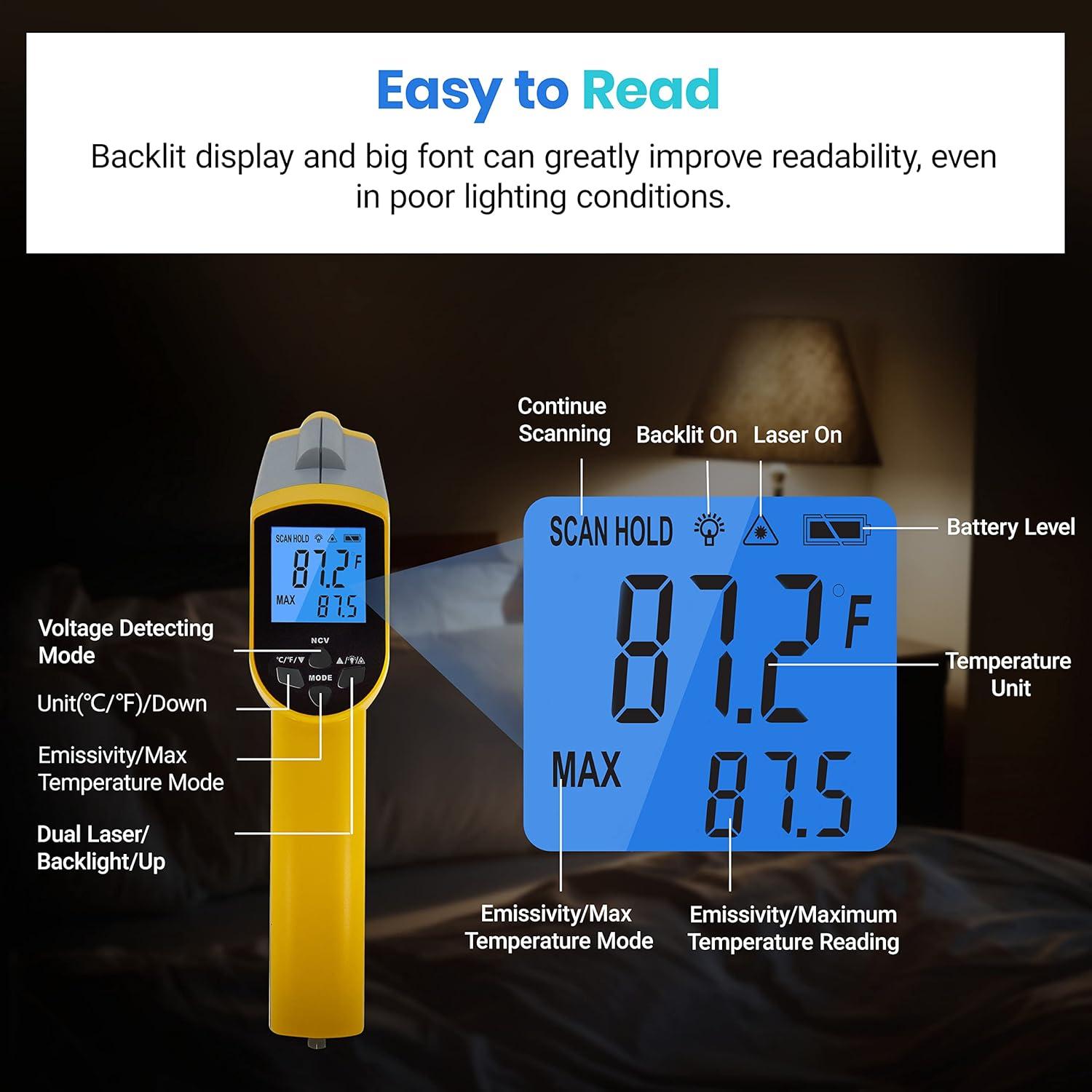 imageEtekcity Infrared Thermometer Temperature Gun 800 58 to 1382 with 161 DTS Ratio Digital Laser Temp IR Tool for Cooking Pizza Oven Griddle Fridge Engine Pool Non Contact YellowYellow