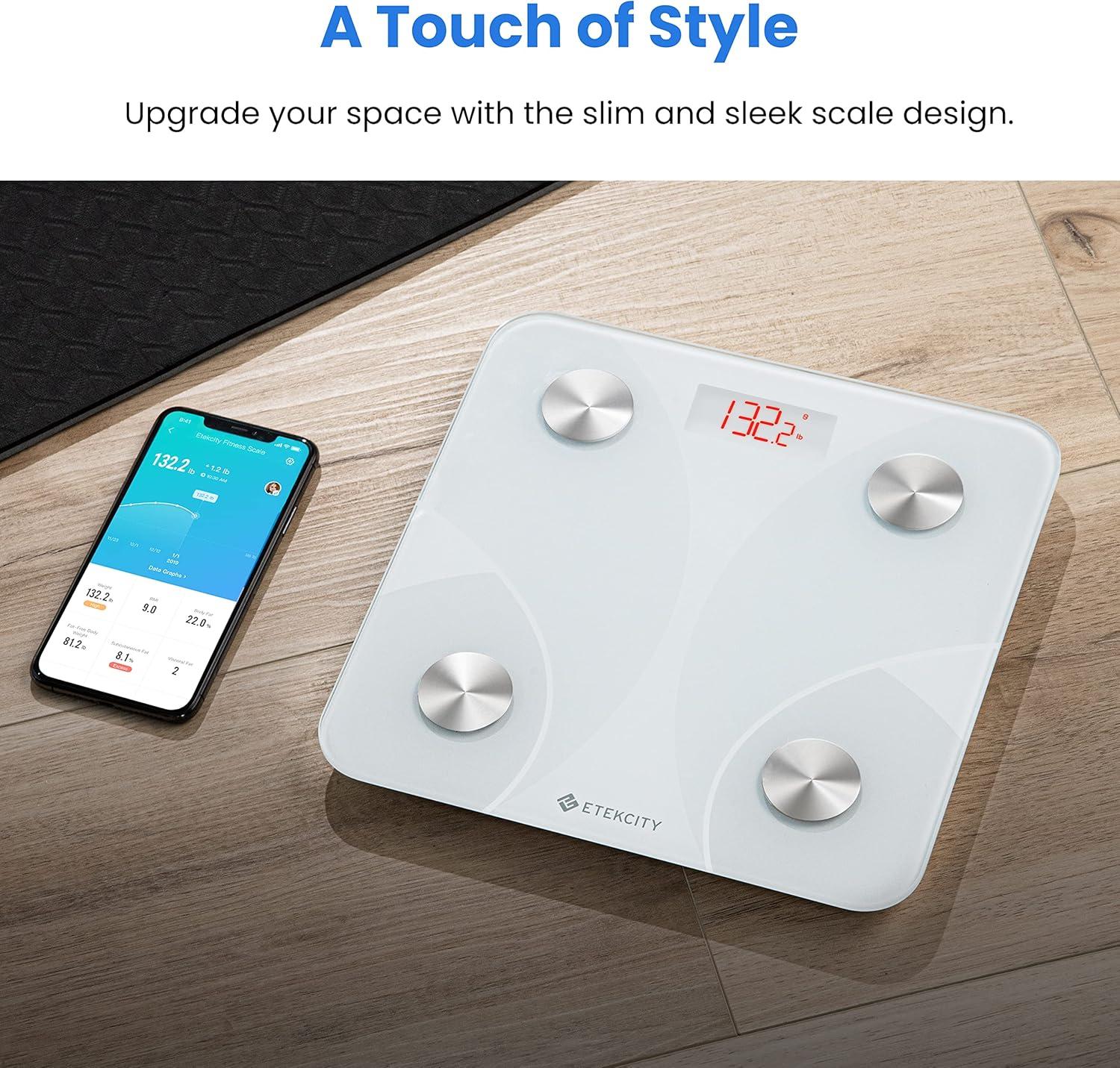 imageEtekcity Smart Scale for Body Weight Bathroom Digital Weighing Scale with BMI Body Fat Muscle Mass Accurate Bluetooth Home User Health Equipment Sync AppsWhite