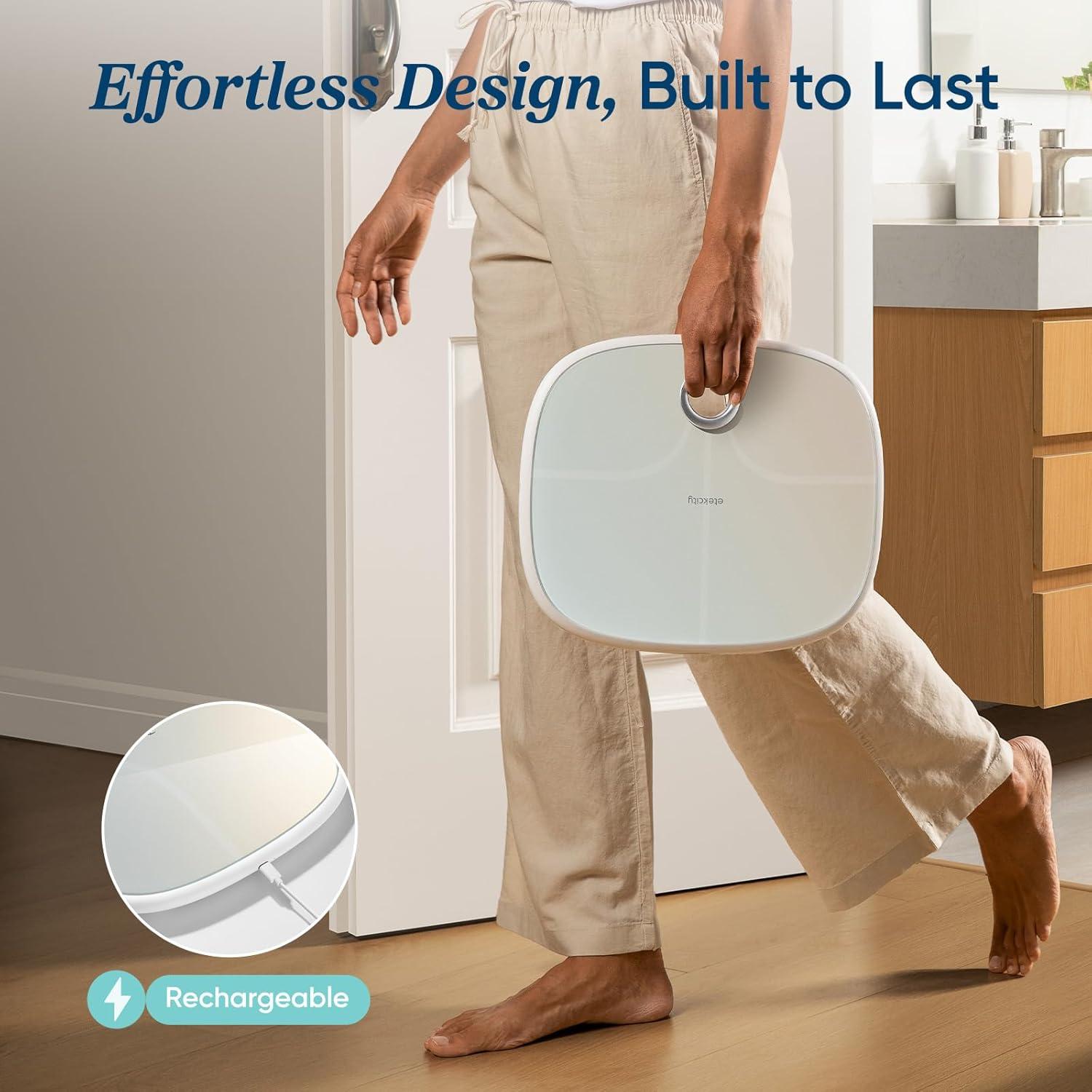 imageEtekcity Smart Scale for Body Weight Bathroom Digital Weighing Scale with BMI Body Fat Muscle Mass Accurate Bluetooth Home User Health Equipment Sync AppsRechargeable Rainbow White