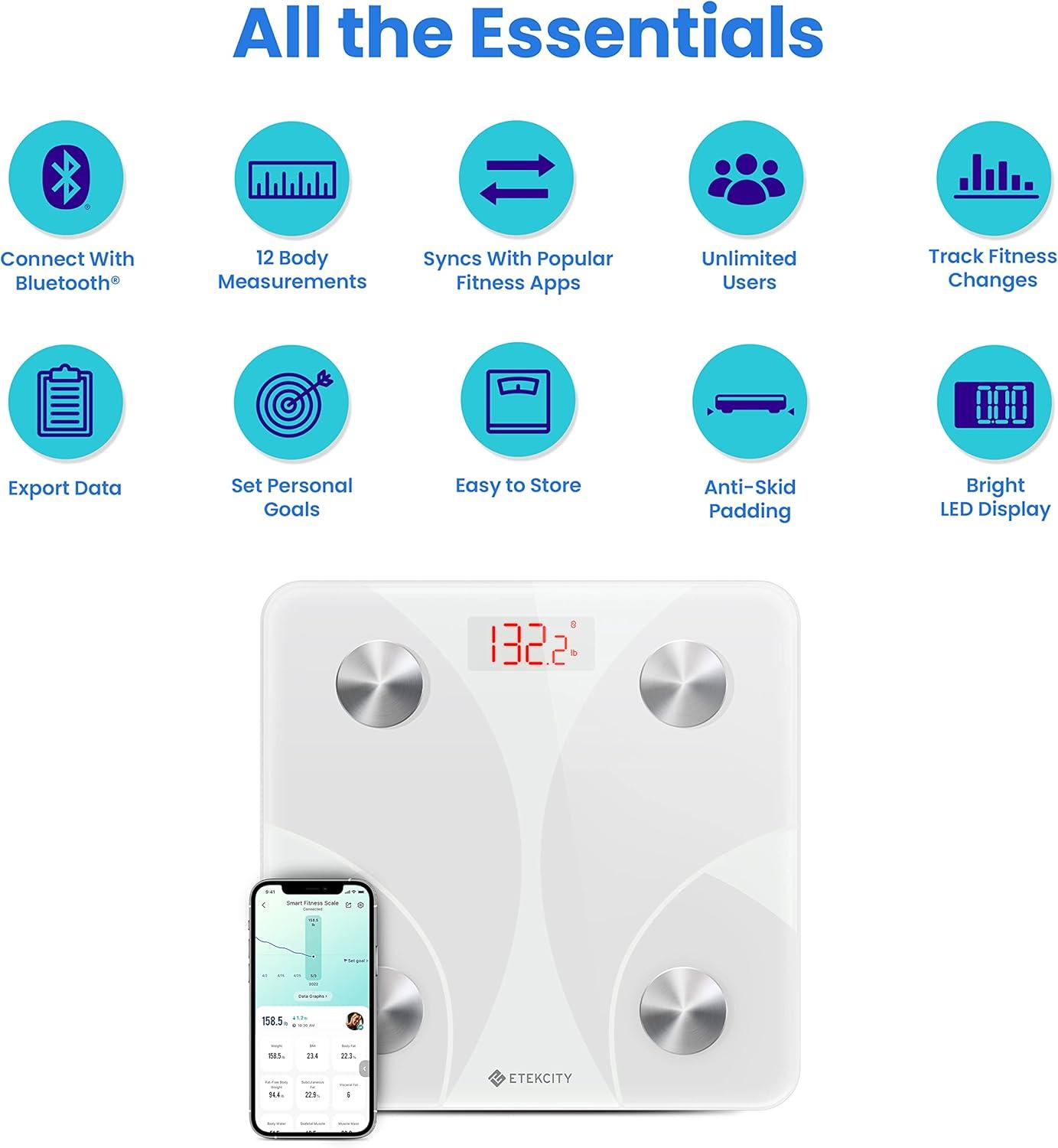 imageEtekcity Smart Scale for Body Weight Bathroom Digital Weighing Scale with BMI Body Fat Muscle Mass Accurate Bluetooth Home User Health Equipment Sync AppsWhite