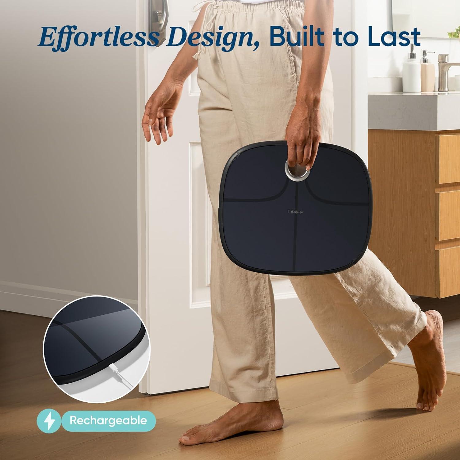 imageEtekcity Smart Scale for Body Weight Bathroom Digital Weighing Scale with BMI Body Fat Muscle Mass Accurate Bluetooth Home User Health Equipment Sync AppsRechargeable Stealth Black