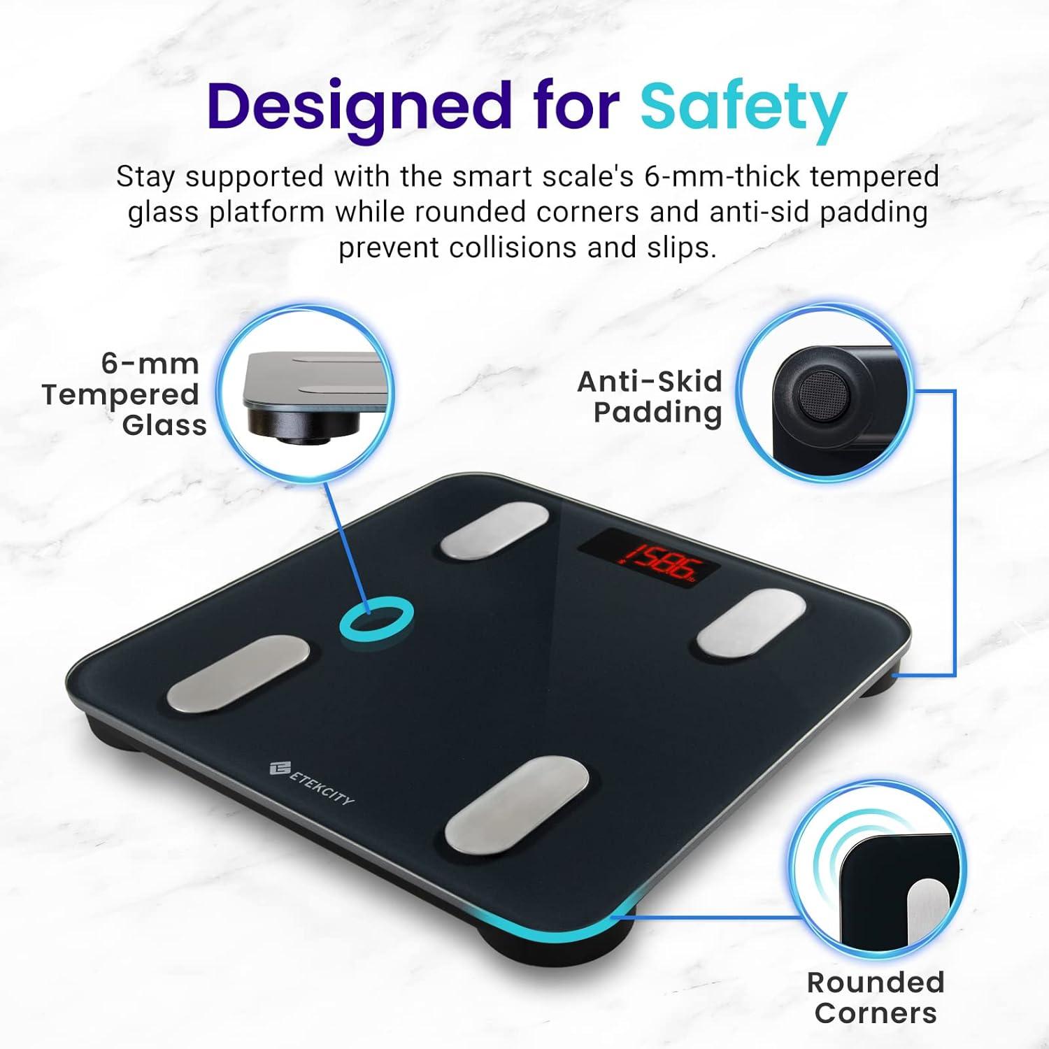 imageEtekcity Smart Scale for Body Weight Bathroom Digital Weighing Scale with BMI Body Fat Muscle Mass Accurate Bluetooth Home User Health Equipment Sync AppsBlackDeep