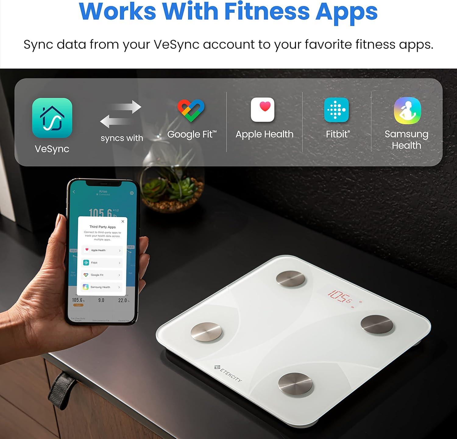 imageEtekcity Smart Scale for Body Weight Bathroom Digital Weighing Scale with BMI Body Fat Muscle Mass Accurate Bluetooth Home User Health Equipment Sync AppsWhite