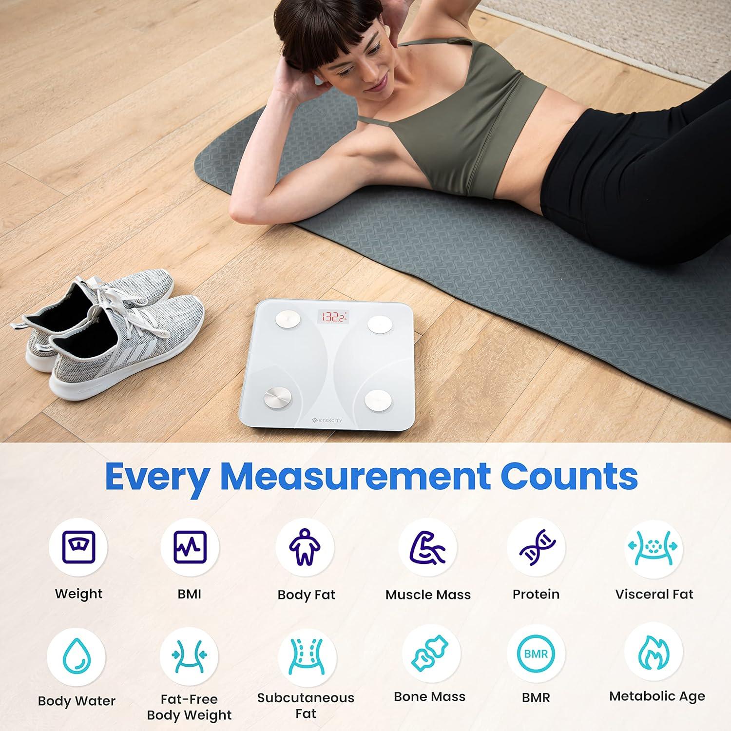 imageEtekcity Smart Scale for Body Weight Bathroom Digital Weighing Scale with BMI Body Fat Muscle Mass Accurate Bluetooth Home User Health Equipment Sync AppsWhite