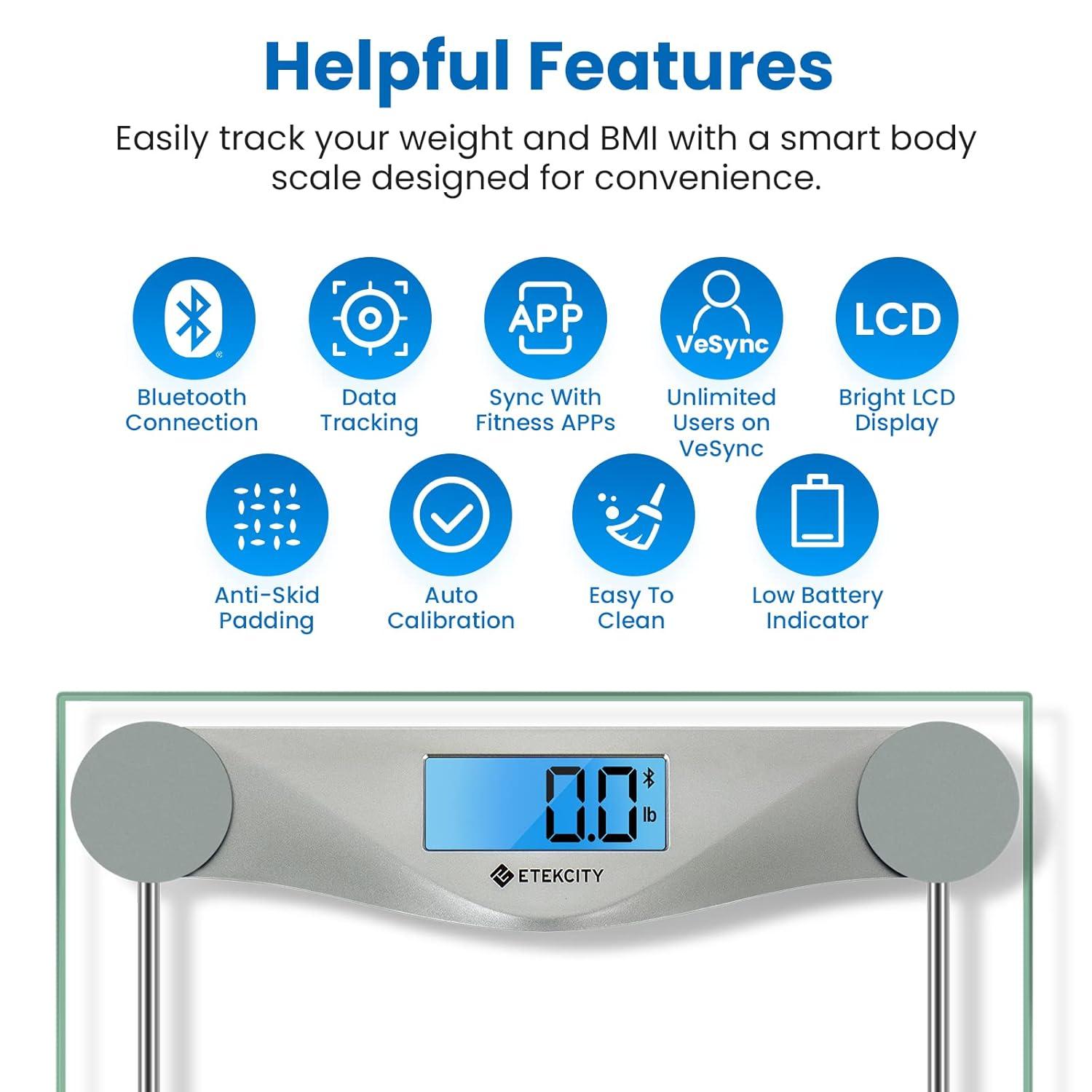 imageEtekcity Smart Scale for Body Weight Fat Digital Bathroom Weighing Machine for Accurate BMI Muscle Mass Composition Home Use Apple Health Compatible Fitness EquipmentBluetoothBlinding Silver