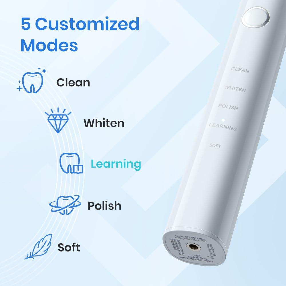 imageEtekcity Unisex Electric Toothbrush for Adults and Kids Corded White 5 Modes 2Minute Timer 3Hour Battery Life Travel CaseWhite