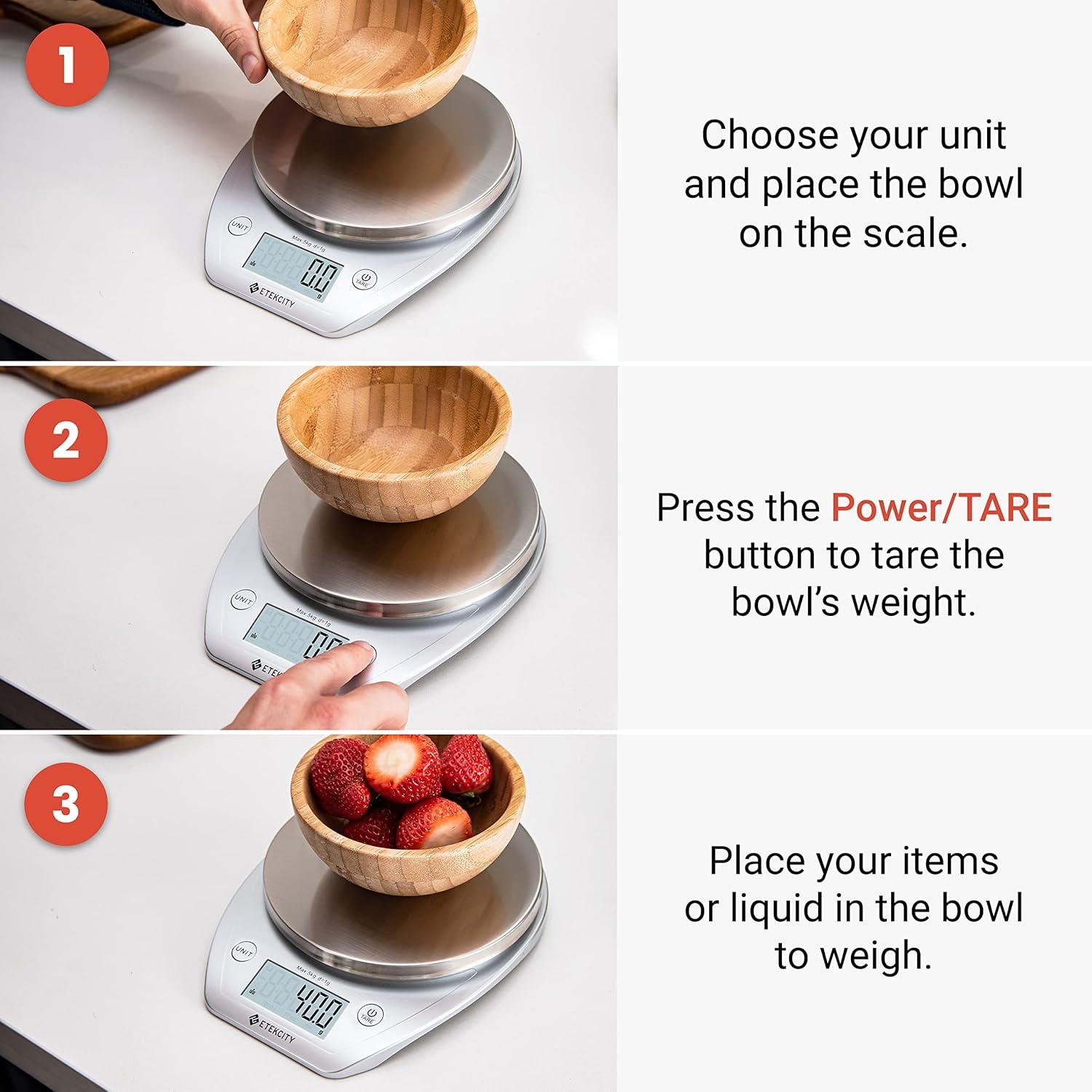 imageEtekcity Food Kitchen Scale With Bowl Digital Ounces and Grams for Cooking Baking Meal Prep Dieting and Weight Loss 11lb5kg Backlit DisplayArctic Sliver