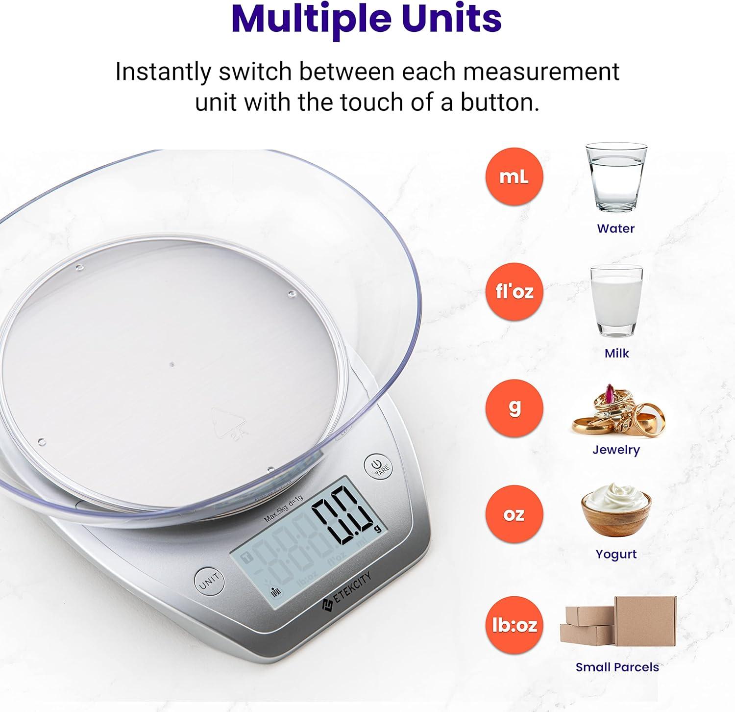 imageEtekcity Food Kitchen Scale With Bowl Digital Ounces and Grams for Cooking Baking Meal Prep Dieting and Weight Loss 11lb5kg Backlit DisplayArctic Sliver