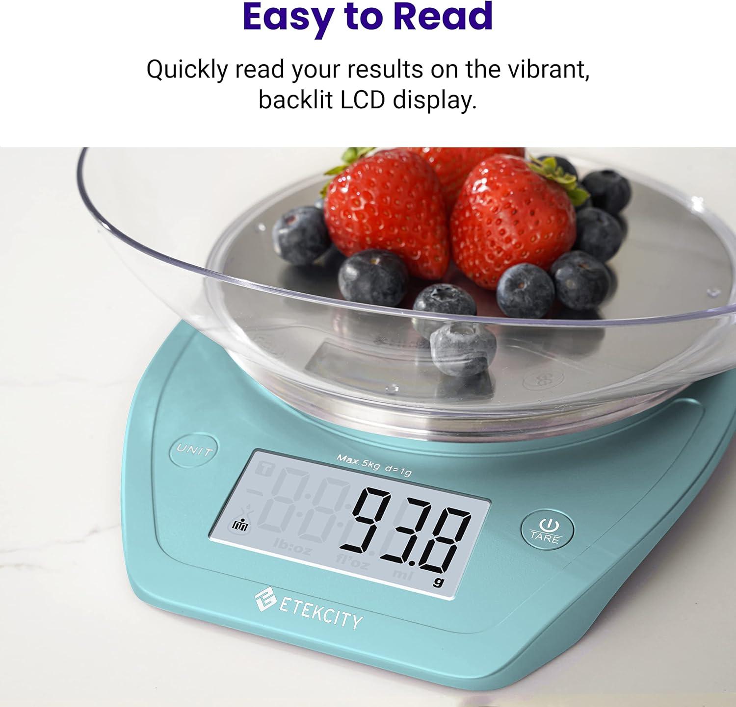 imageEtekcity Food Kitchen Scale With Bowl Digital Ounces and Grams for Cooking Baking Meal Prep Dieting and Weight Loss 11lb5kg Backlit DisplayBright Blue