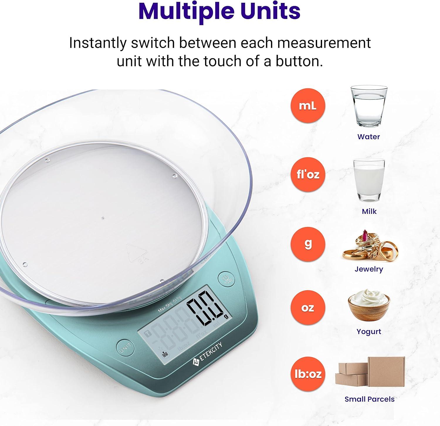 imageEtekcity Food Kitchen Scale With Bowl Digital Ounces and Grams for Cooking Baking Meal Prep Dieting and Weight Loss 11lb5kg Backlit DisplayBright Blue