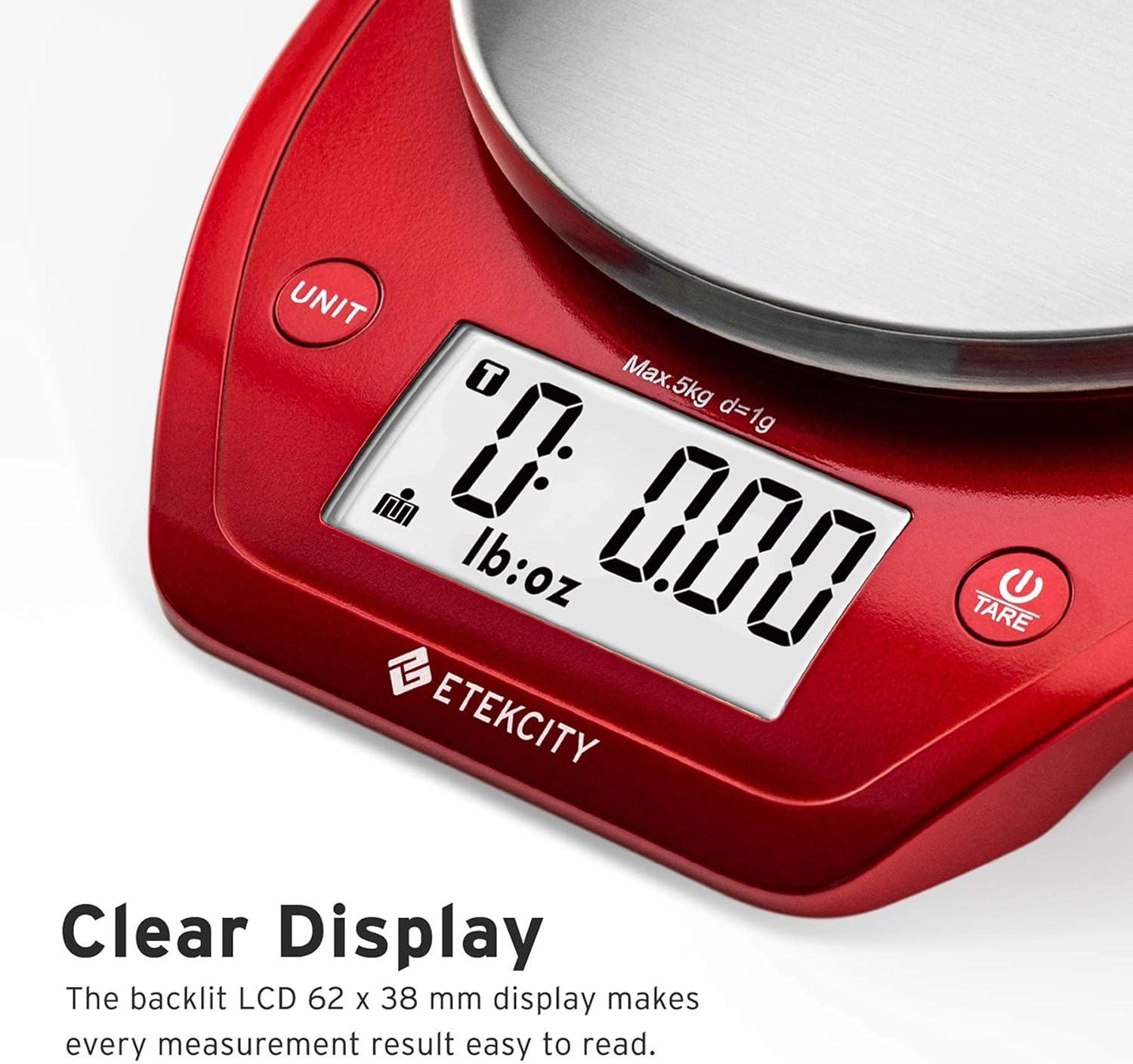 imageEtekcity Food Kitchen Scale With Bowl Digital Ounces and Grams for Cooking Baking Meal Prep Dieting and Weight Loss 11lb5kg Backlit DisplayChili Red
