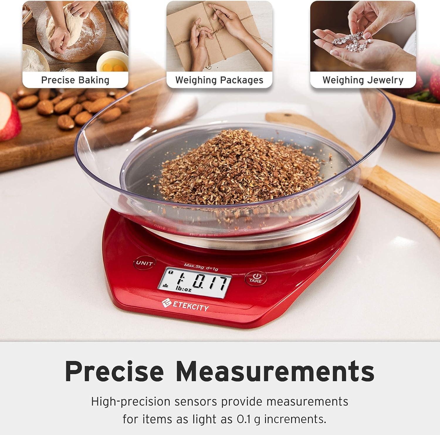 imageEtekcity Food Kitchen Scale With Bowl Digital Ounces and Grams for Cooking Baking Meal Prep Dieting and Weight Loss 11lb5kg Backlit DisplayChili Red