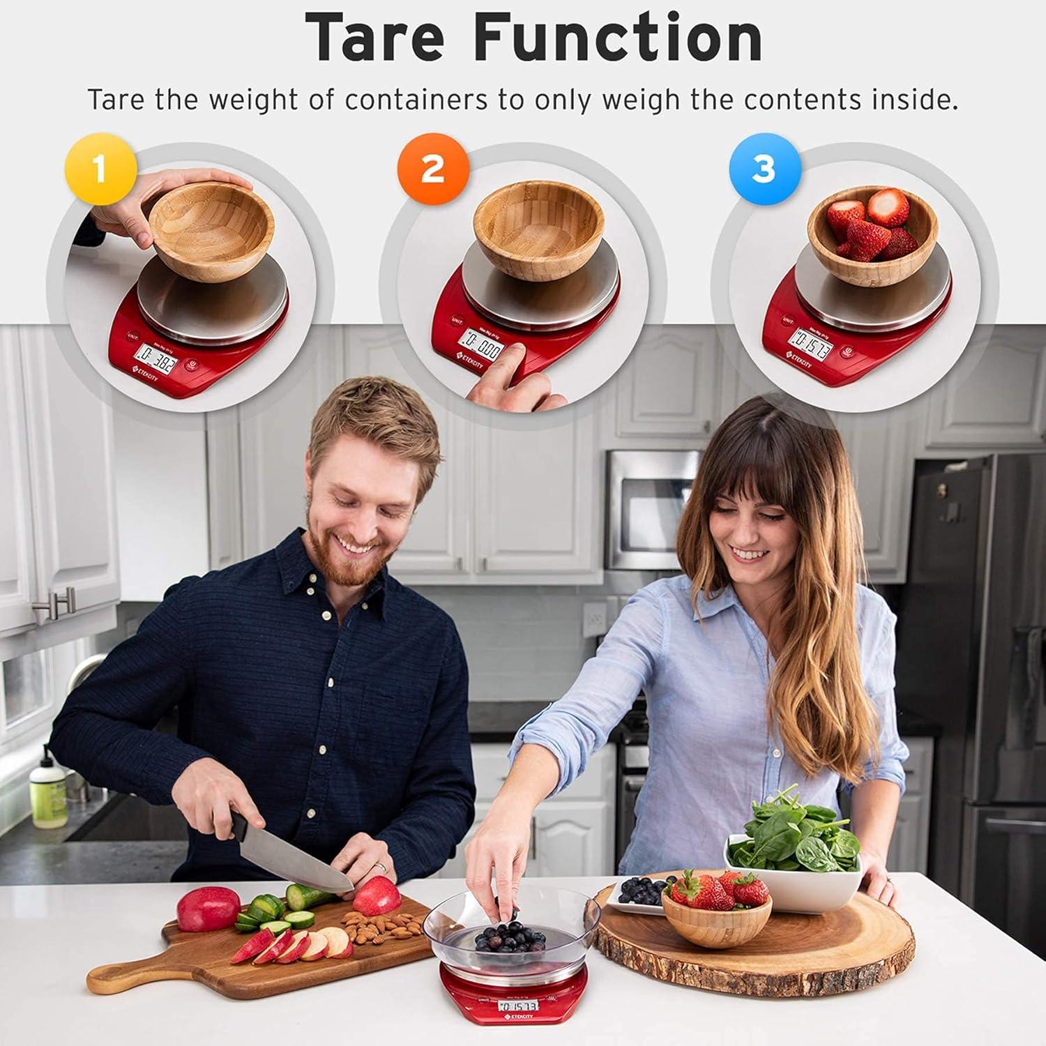 imageEtekcity Food Kitchen Scale With Bowl Digital Ounces and Grams for Cooking Baking Meal Prep Dieting and Weight Loss 11lb5kg Backlit DisplayChili Red