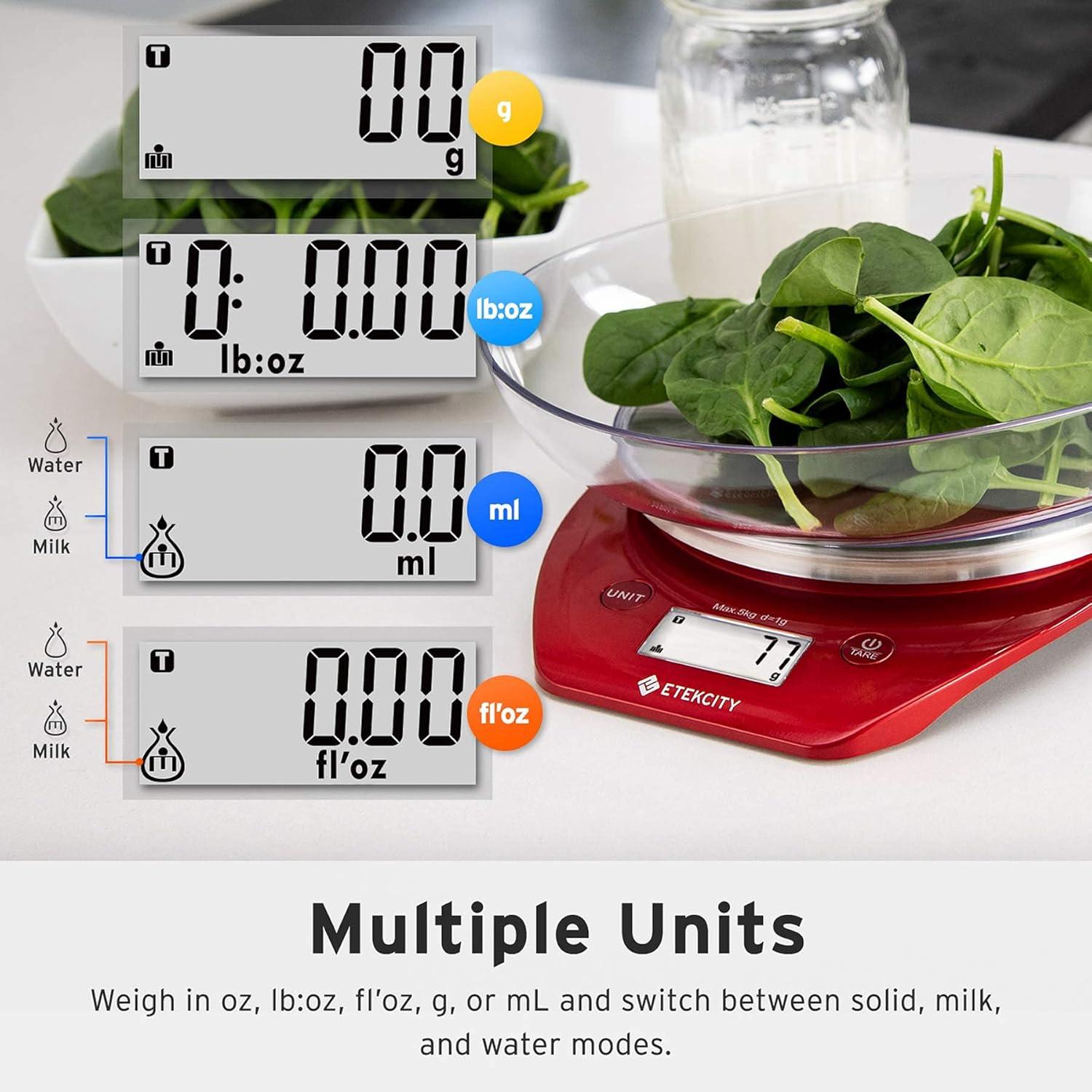 imageEtekcity Food Kitchen Scale With Bowl Digital Ounces and Grams for Cooking Baking Meal Prep Dieting and Weight Loss 11lb5kg Backlit DisplayChili Red