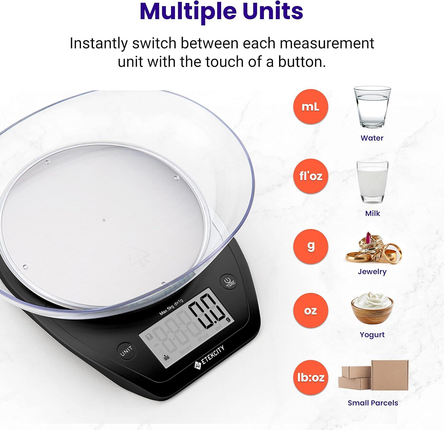 imageEtekcity Food Kitchen Scale With Bowl Digital Ounces and Grams for Cooking Baking Meal Prep Dieting and Weight Loss 11lb5kg Backlit DisplayDark Black