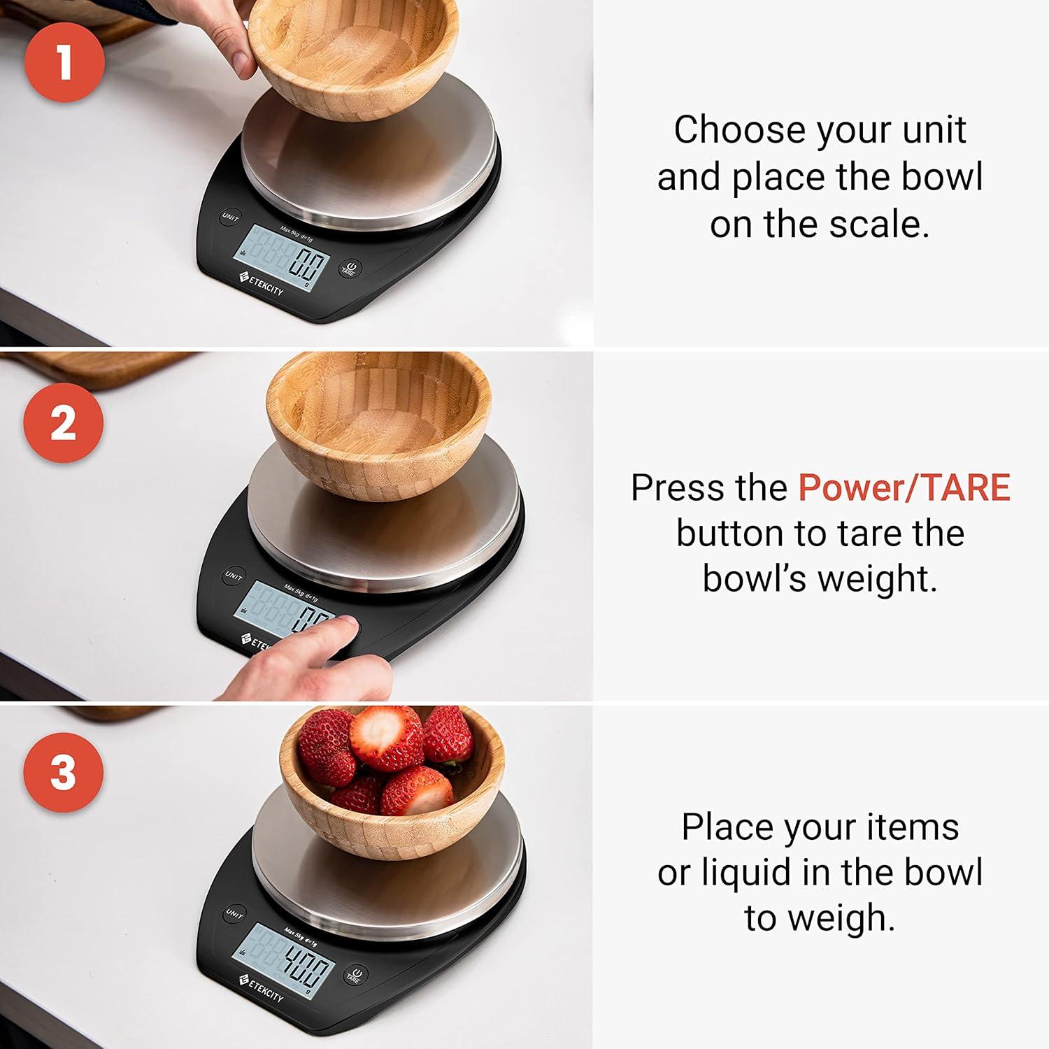 imageEtekcity Food Kitchen Scale With Bowl Digital Ounces and Grams for Cooking Baking Meal Prep Dieting and Weight Loss 11lb5kg Backlit DisplayDark Black