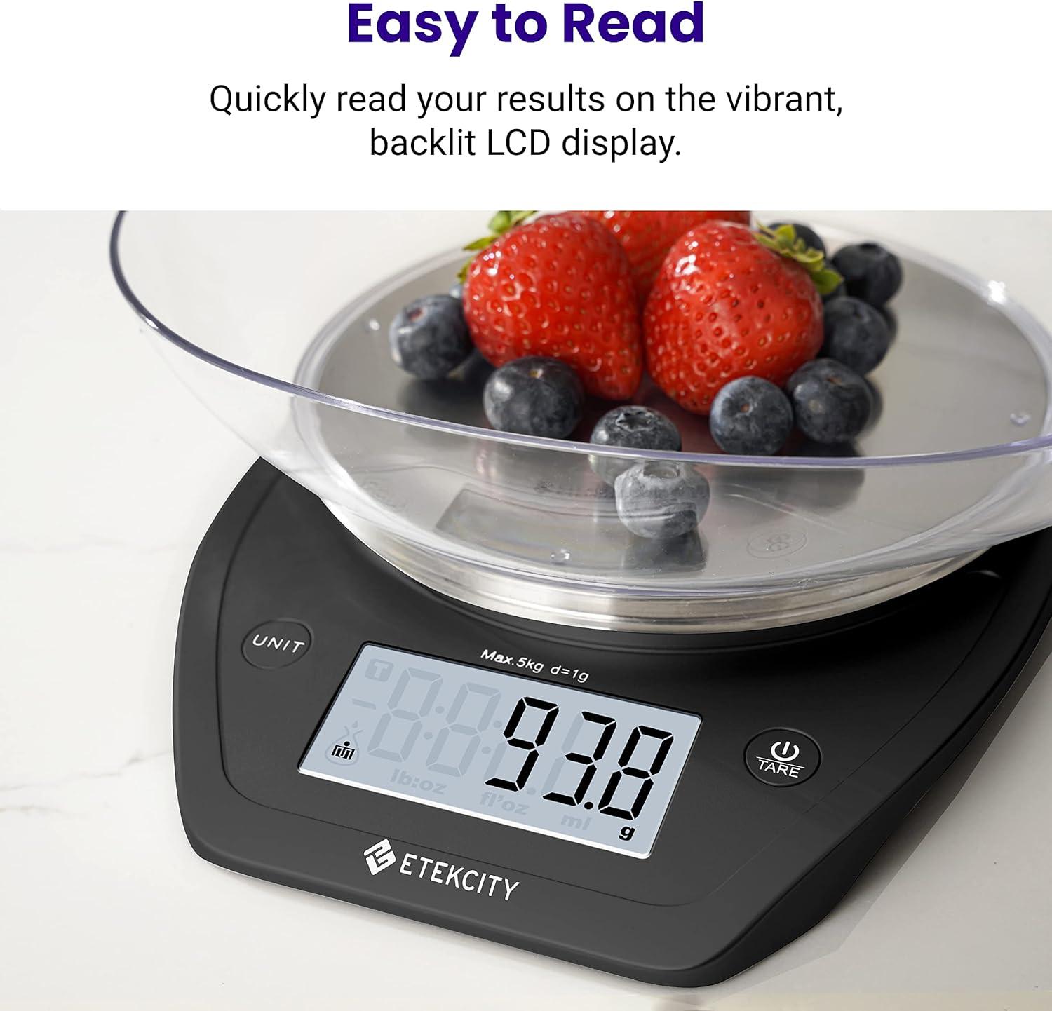 imageEtekcity Food Kitchen Scale With Bowl Digital Ounces and Grams for Cooking Baking Meal Prep Dieting and Weight Loss 11lb5kg Backlit DisplayDark Black