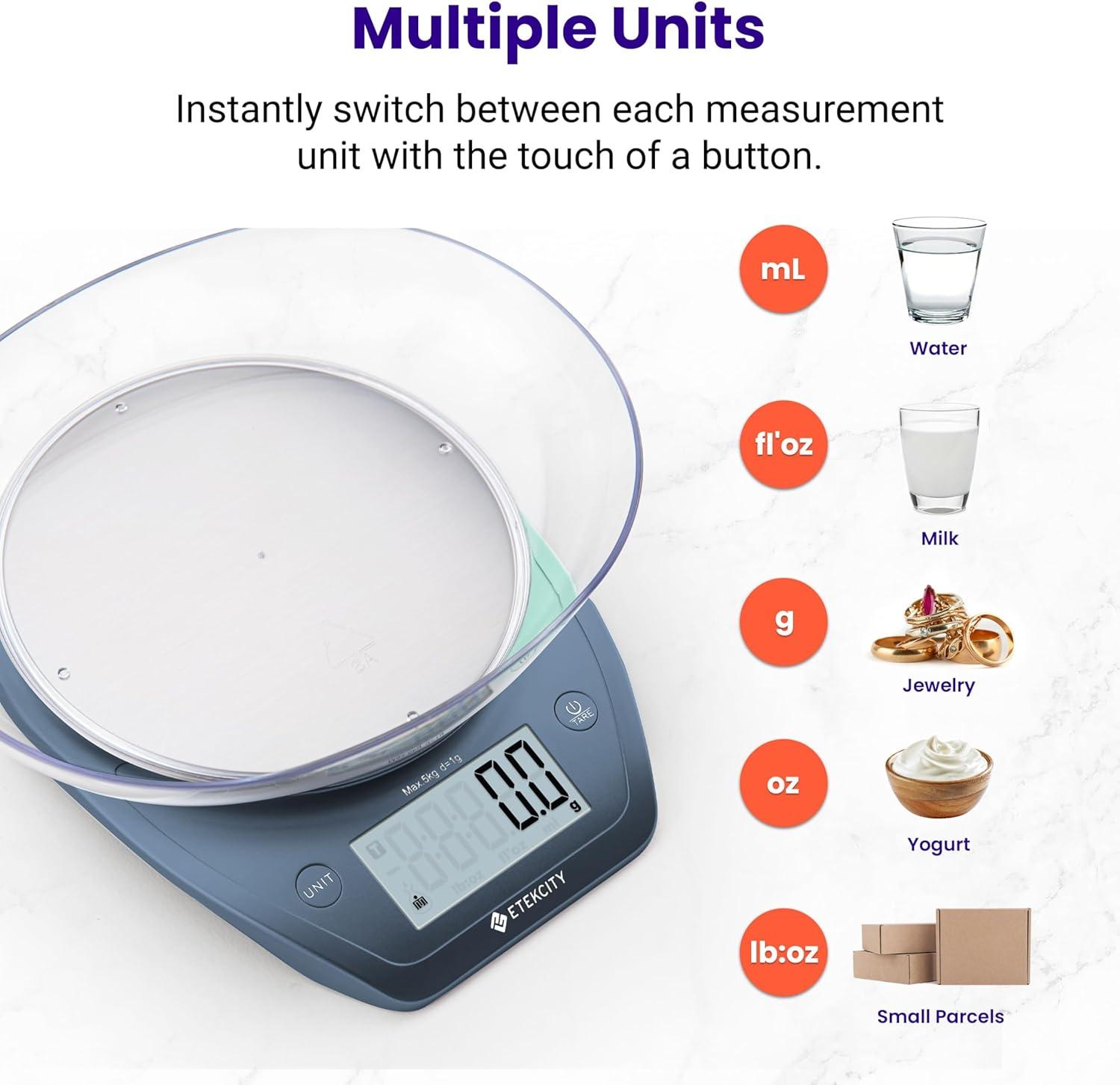 imageEtekcity Food Kitchen Scale With Bowl Digital Ounces and Grams for Cooking Baking Meal Prep Dieting and Weight Loss 11lb5kg Backlit DisplayPrussian Blue