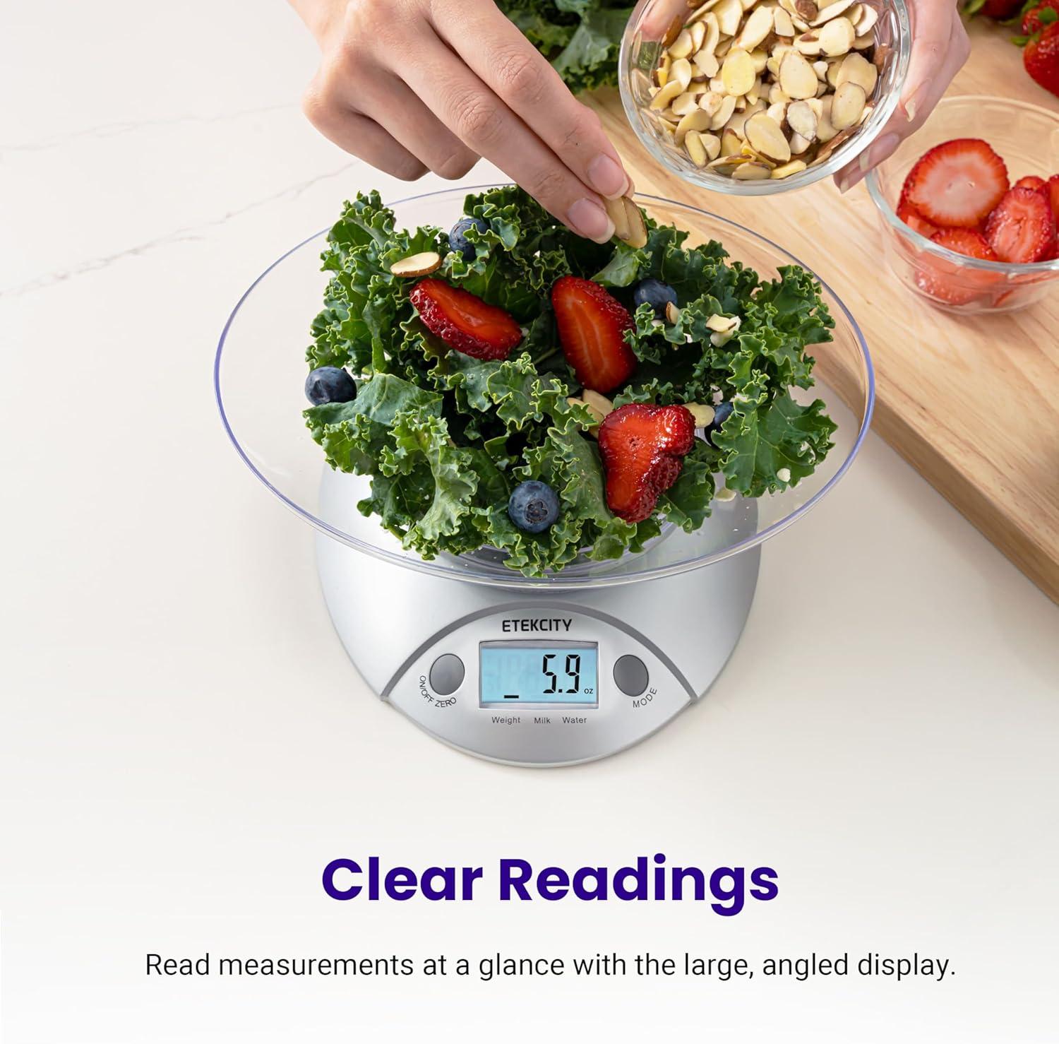 imageEtekcity Food Kitchen Scale With Bowl Digital Ounces and Grams for Cooking Baking Meal Prep Dieting and Weight Loss 11lb5kg Backlit DisplayStainless SteelGray